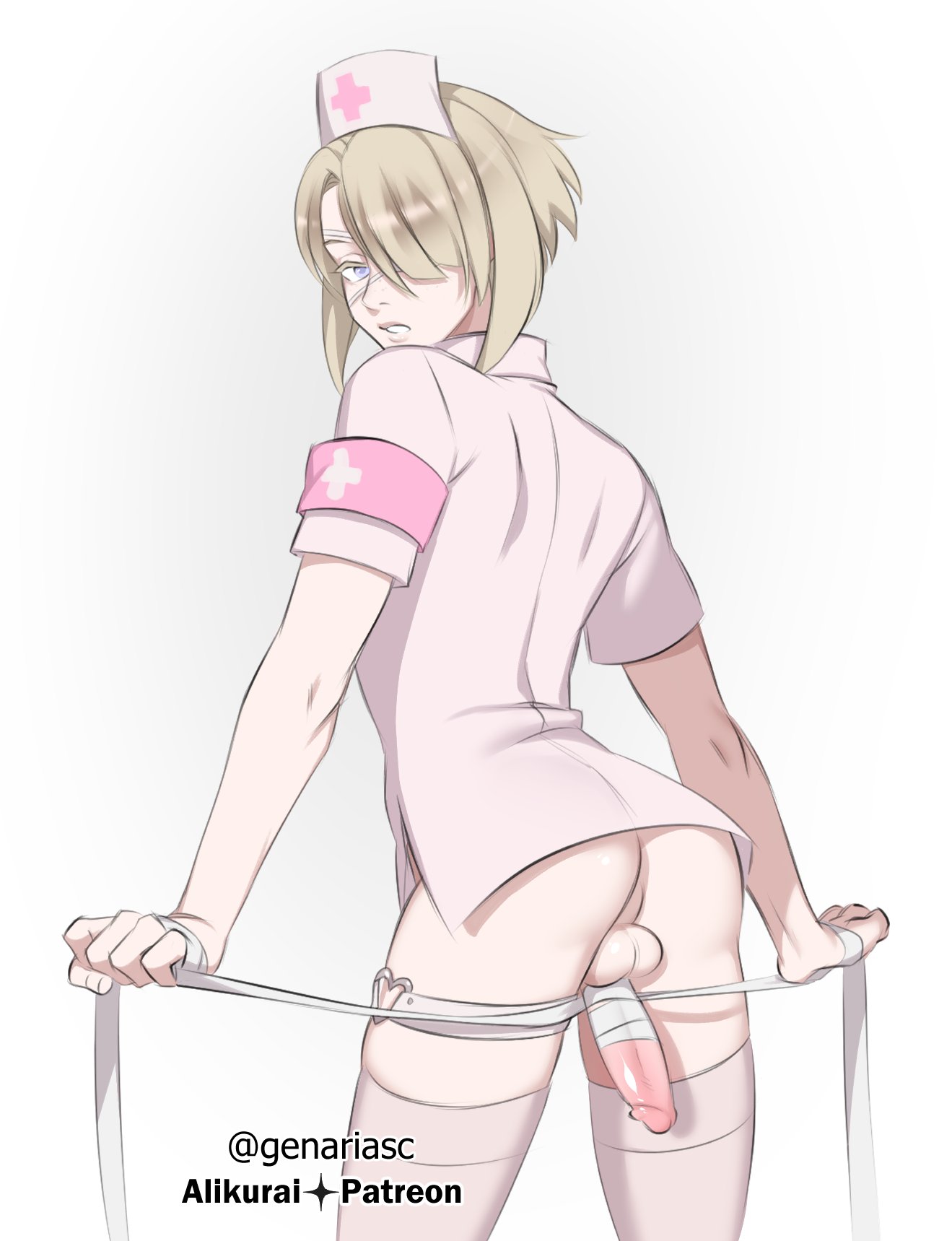1boy, alikurai, ass focus, balls, bandages, blonde hair, blue eyes, bottomless, eyepatch, eyewear, femboy, femboy only, feminine, feminine male, freminet (genshin impact), genshin impact, girly, hair, hair over one eye, hat, headwear, looking back, male only, nurse, nurse cap, nurse clothing, nurse hat, nurse uniform, penis, penis out, short hair, solo, solo femboy, thigh strap, thighs, uniform