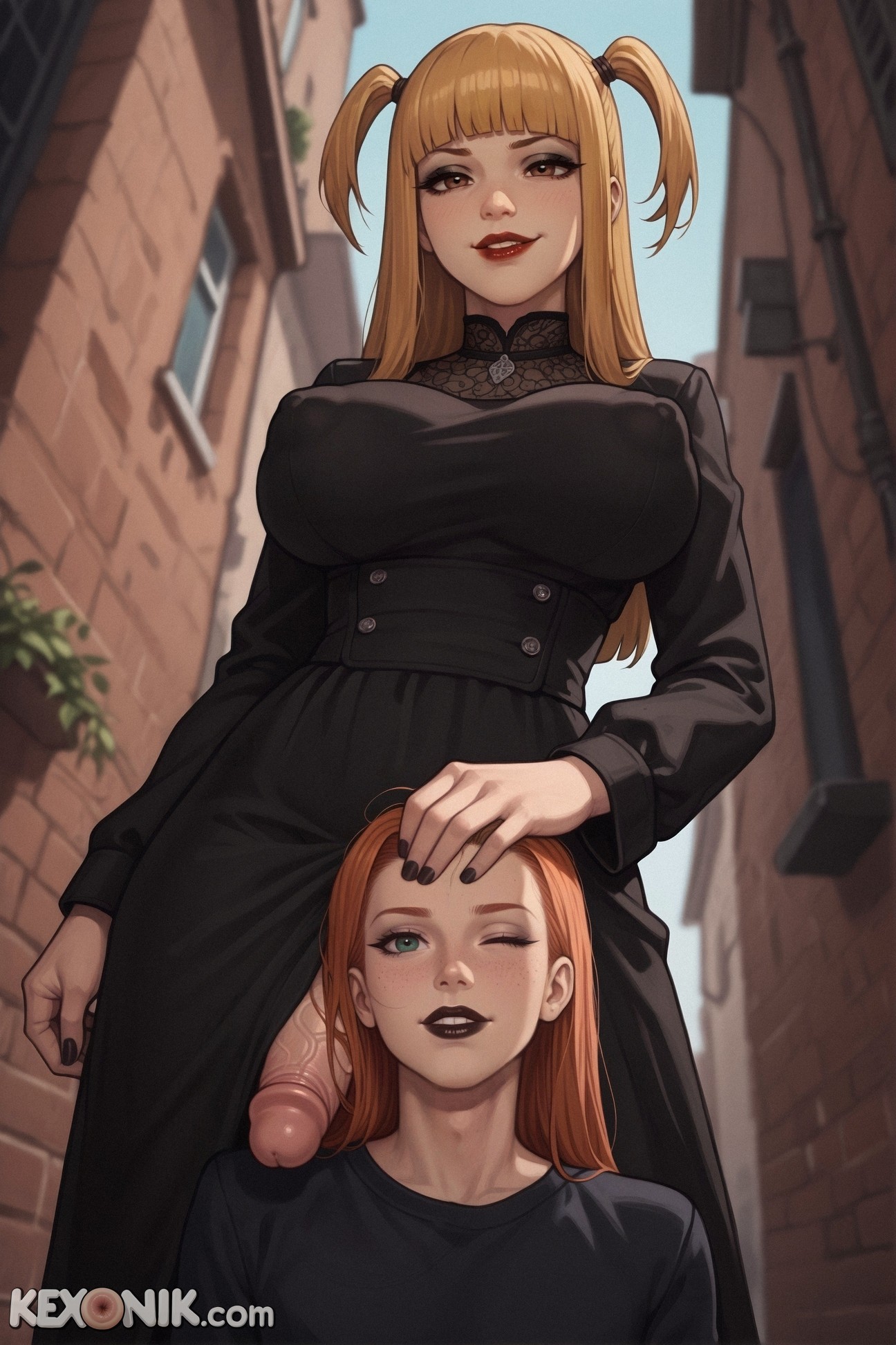 1femboy, 1futa, ai generated, bangs, big nipples, blowjob, blunt bangs, brown eyes, death note, dickgirl, fellatio, femboy, from below, futa on femboy, futa on male, futadom, futanari, happy, hourglass figure, huge ass, huge cock, huge testicles, kexonik, large breasts, long hair, looking at viewer, misa amane, narrow waist, narrowed eyes, pleasure, puffy nipples, red lips, red lipstick, sagging breasts, scrotum, sissy, size difference, smaller male, smirk, submissive male, twink, twintails, two side up, venus body, yellow hair
