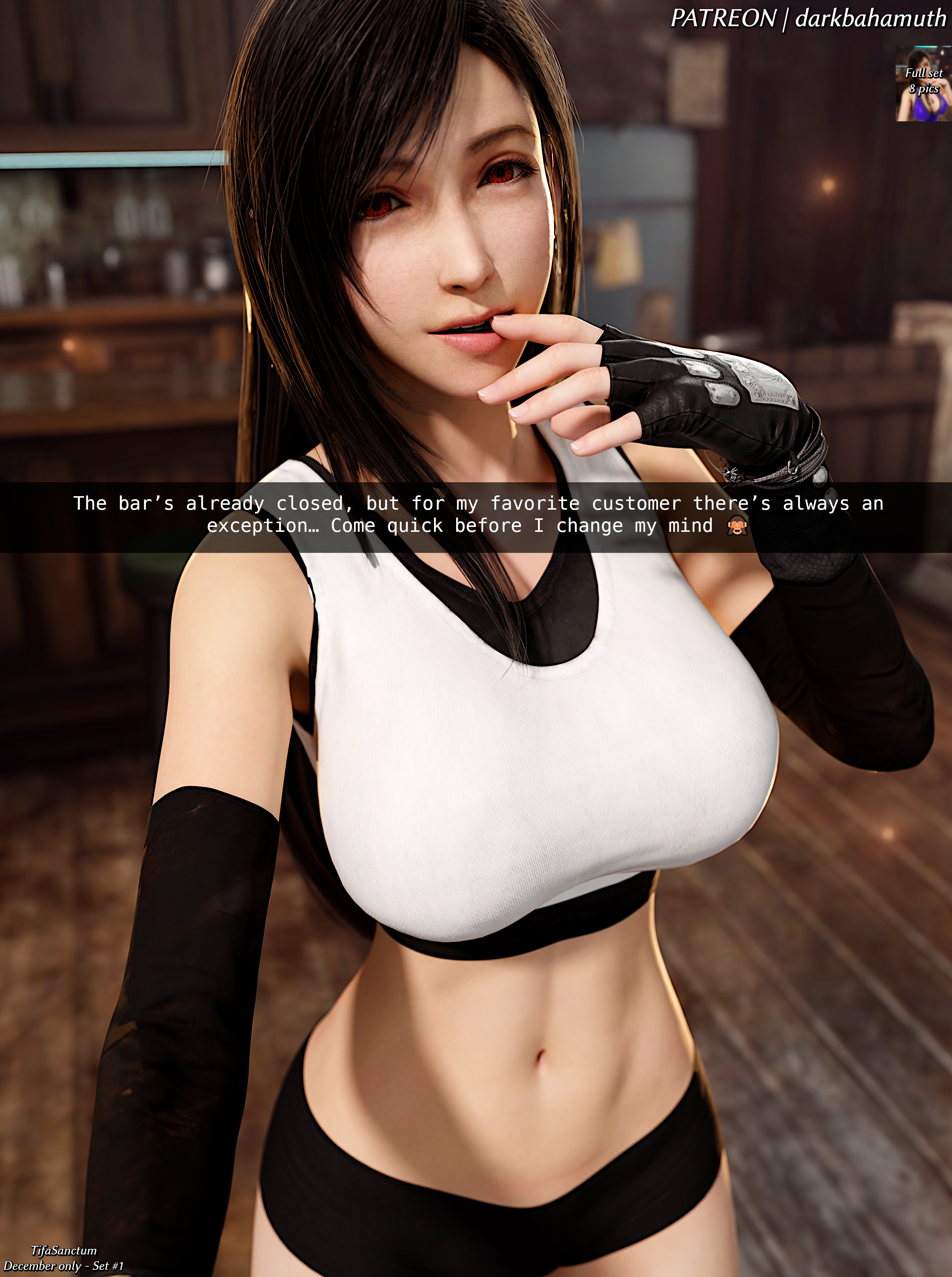 3d, 3d (artwork), 4k, belly, big breasts, breasts, darkbahamuth, female, female only, final fantasy, final fantasy vii, midriff, panties, pinup, selfie, snapchat, solo female, text, tifa lockhart, tummy
