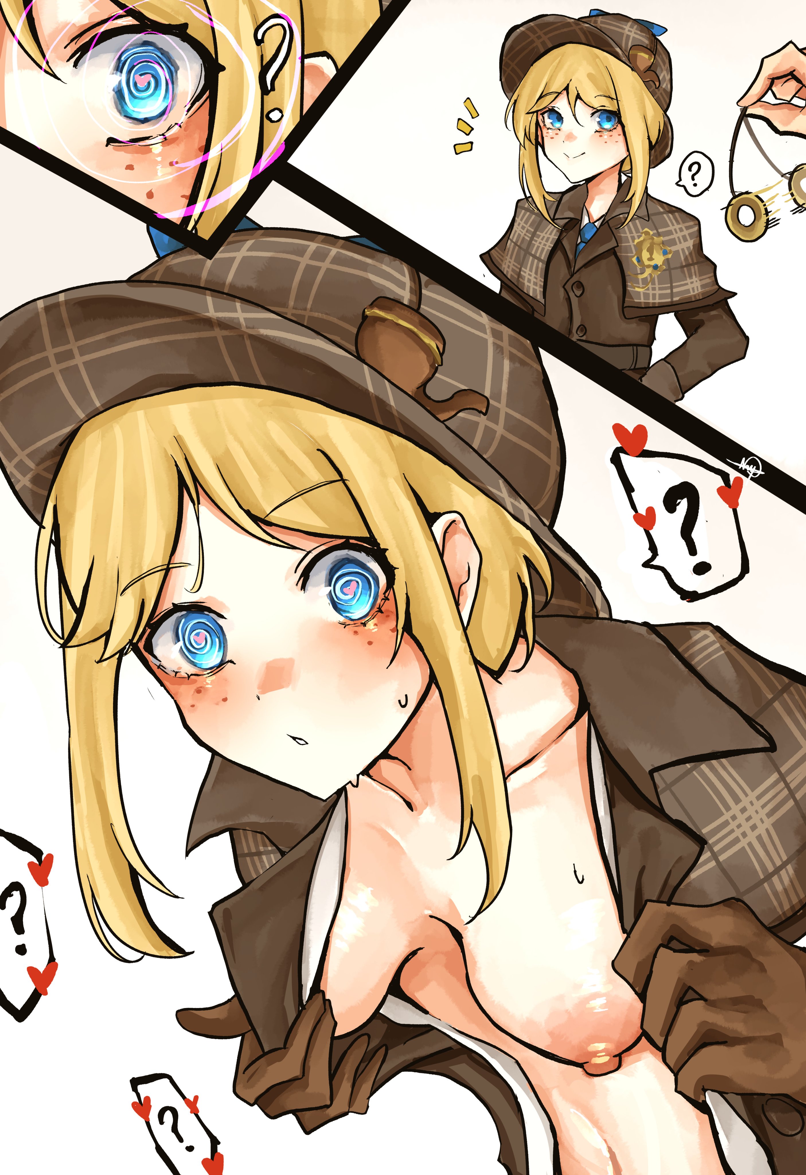 1girls, absurd res, areolae, blonde hair, blue eyes, breasts, coat, emma woods, female, forced exposure, freckles, gloves, hat, heart, highres, hypnosis, identity v, medium breasts, mind control, nartless, nipples, open coat, open shirt, pendulum, shirt, simple background, smile, spoken question mark, undressing, white background