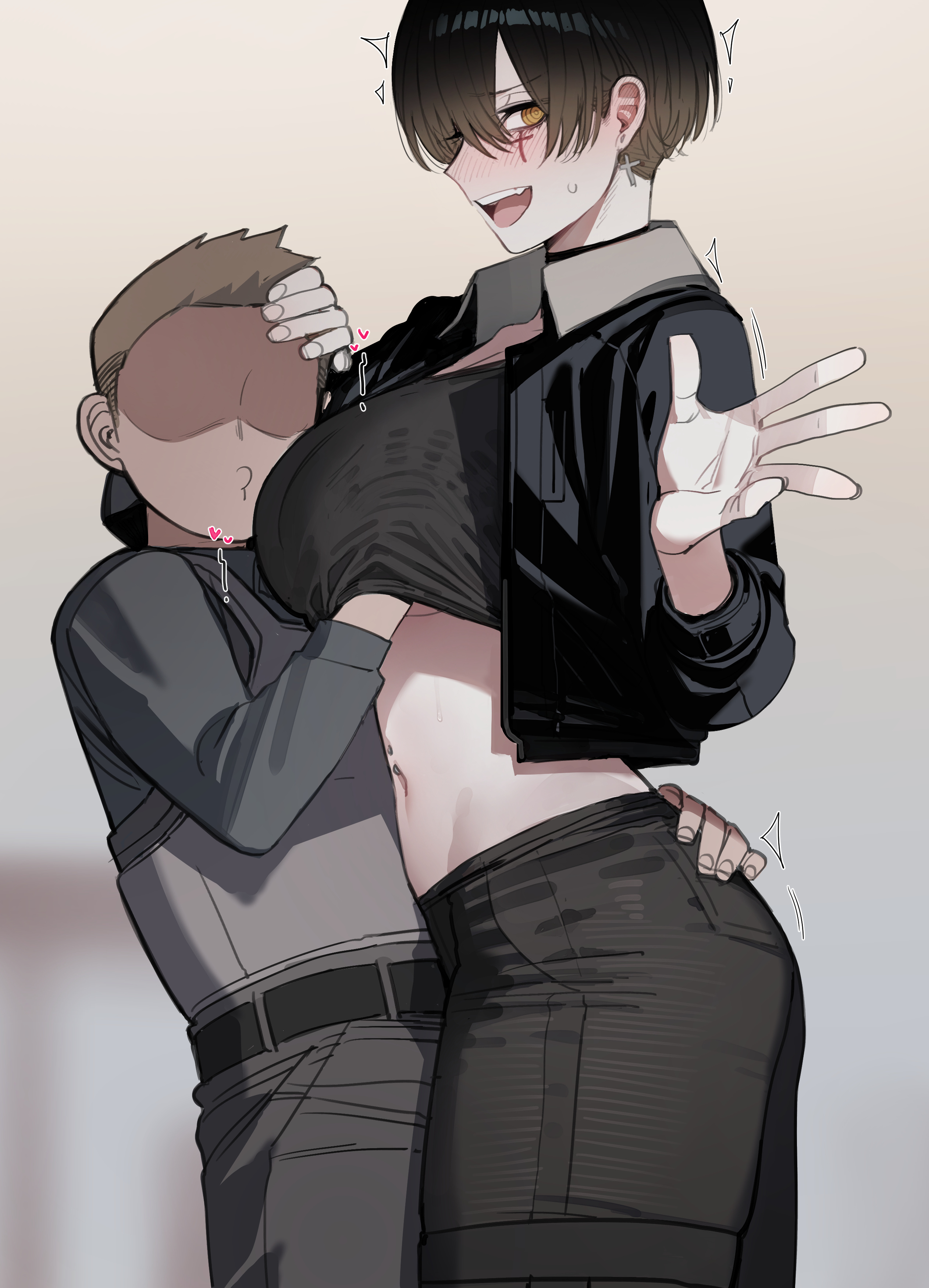 1boy, 1girls, abdomen, bad ending party, belly, black hair, blush, breasts, handles, heart, inminent ntr, inminent sex, nervous, nervous smile, netorare, ntr, older female and younger male, onomatopoeia, ratatatat74, rei (bad ending party), rubber, rubbing, side view, size difference, touching, whistle, yellow eyes