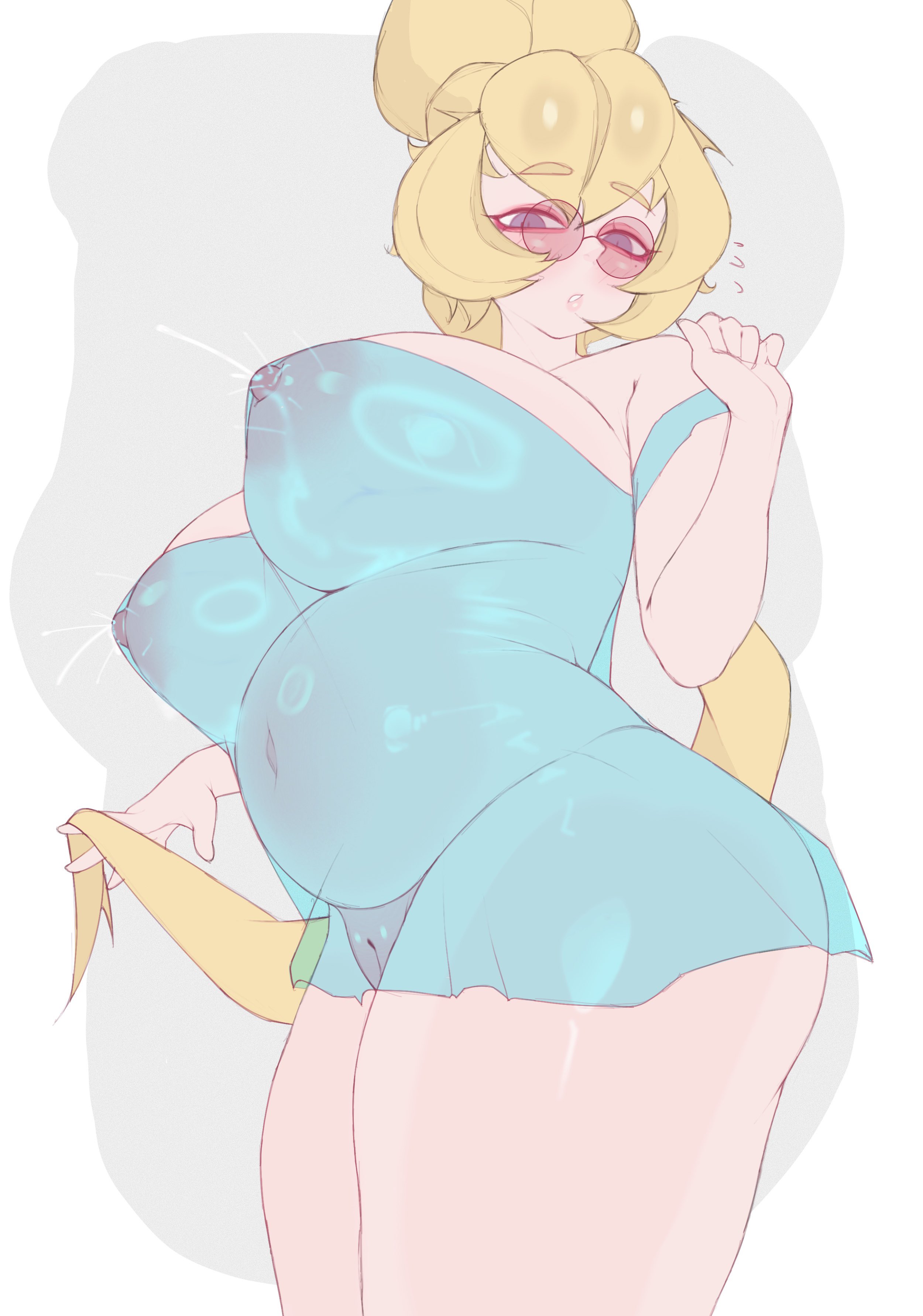 1girls, bare shoulders, blonde female, blonde hair, blush, body blush, brawl stars, breasts, charlie (brawl stars), eyebrows visible through hair, female, female only, glasses, hair bun, huge breasts, lactating, lactation, lactation through clothes, lactation without expressing, long hair, looking at viewer, no bra, no panties, noboko k, pregnant, pregnant belly, pregnant female, pussy, see-through clothing, surprised, thick thighs