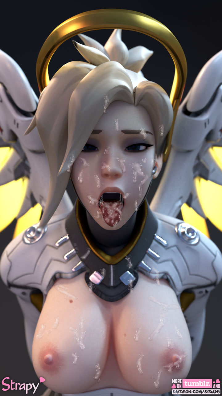 3d, areolae, blender, breasts, cum, cum in mouth, cum inside, cum on breasts, cum on face, cum on tongue, female, female only, looking at viewer, mercy, nipples, open mouth, overwatch, solo, strapy, tongue, tongue out