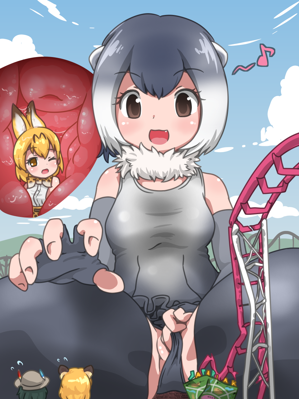 4girls animal_ears asian_small-clawed_otter_(kemono_friends) clothing female fingerless_gloves giantess jaguar_(kemono_friends) kaban_(kemono_friends) kemono_friends multiple_girls oerba_yun_fang one_eye_closed open_mouth partially_visible_vulva pussy serval_(kemono_friends) unbirthing vore vostok_(vostok061) x-ray