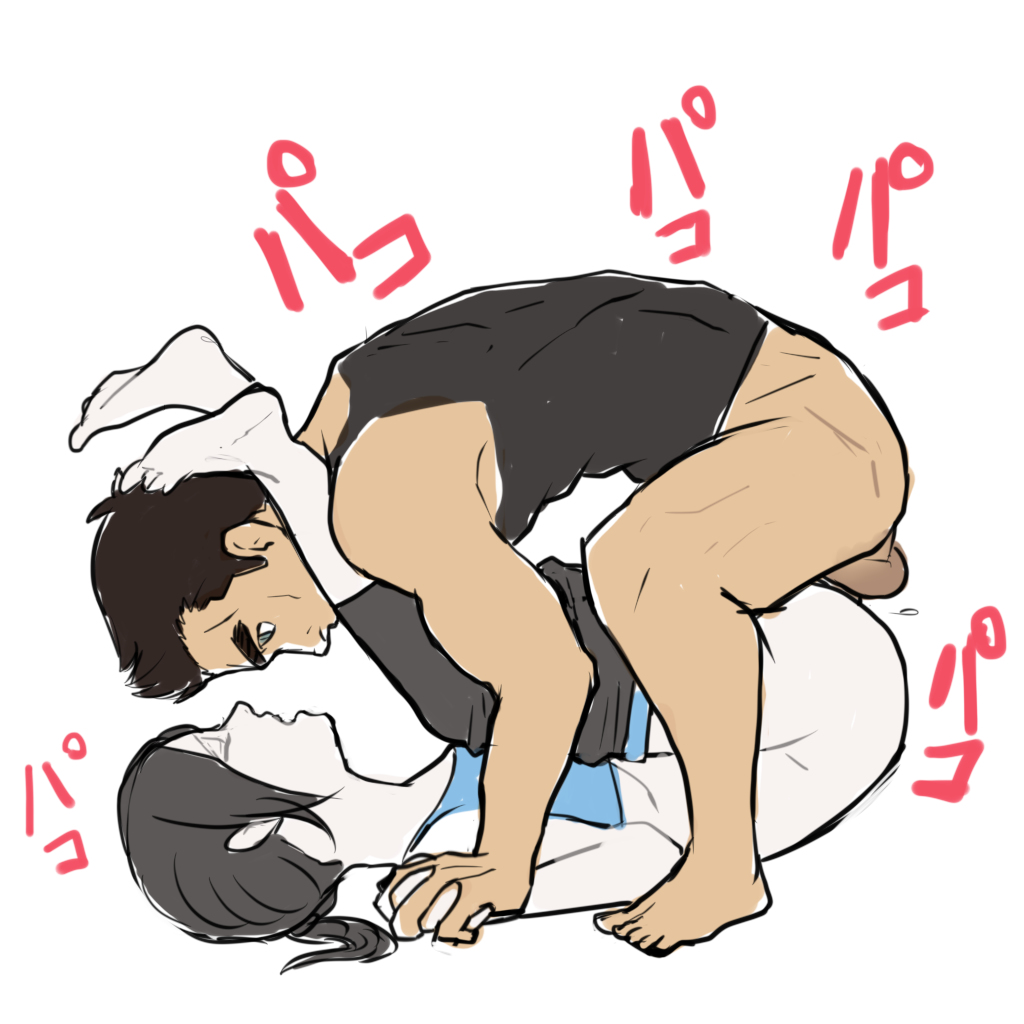 1boy, 1girls, artist request, balls, black hair, blue eyes, bottomless, crossover, defeated, feet, female, interlocked fingers, legs over head, little mac, male, mating press, nintendo, punch out, pussy, sex, soles, straight, super smash bros., testicles, toes, vaginal penetration, white skin, wii fit, wii fit trainer, wii fit trainer (female)