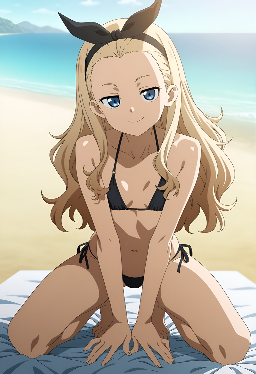 1girls, ai generated, bikini, black bikini, blonde hair, clothed, clothed female, duderu vanilla, female, female only, flat chest, kurumi (lycoris recoil), lycoris recoil, solo, swimsuit