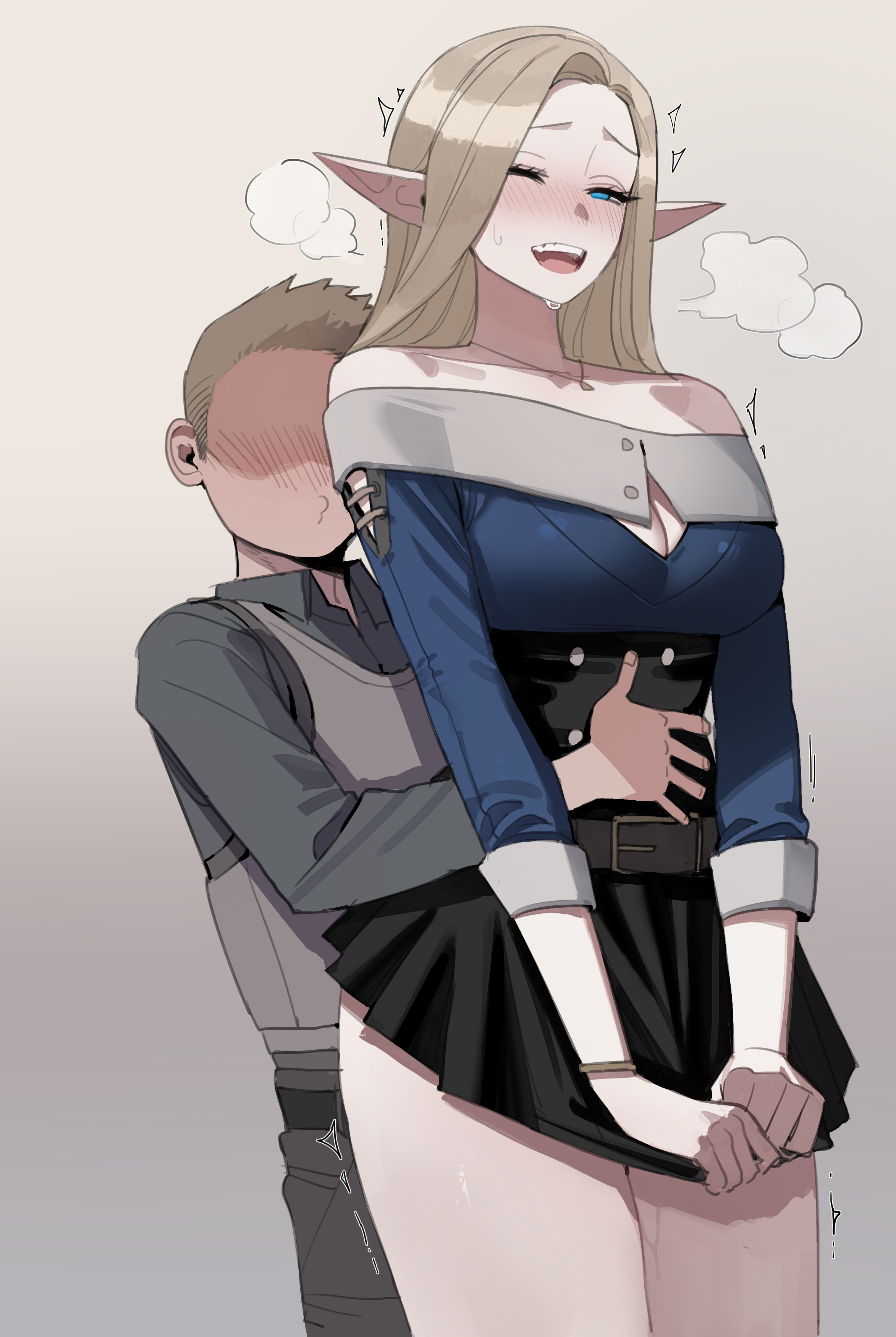 1boy, 1girls, 2025, 2d, ashe (bad ending party), bad ending party, blonde female, blonde hair, blue eyes, blush, elf, elf ears, elf female, elf girl, fantasy, female, femsub, handles, human, human dominating, human dominating humanoid, humanoid, inminent ntr, inminent sex, interspecies, male, maledom, nervous, netorare, ntr, older female and younger male, onomatopoeia, pleasure, ratatatat74, size difference, smaller male, tagme, tights