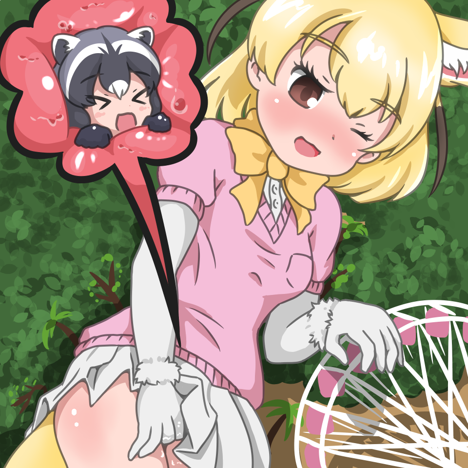 >_< 2girls animal_ears blonde_hair blush bowtie clothing common_raccoon_(kemono_friends) female fennec_(kemono_friends) giantess kemono_friends multiple_girls one_eye_closed open_mouth skirt unbirthing vore vostok_(vostok061)