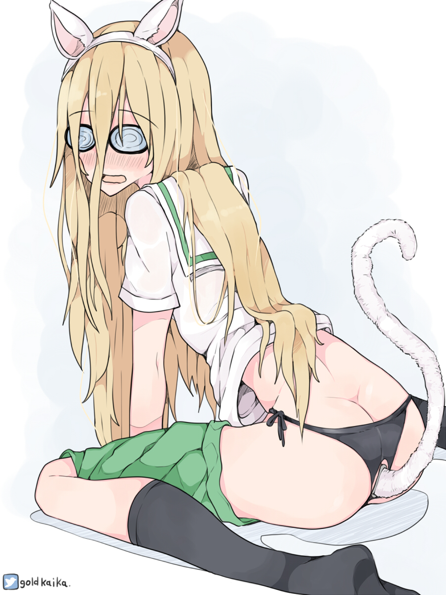 @_@ animal_ears ass_cleavage black_legwear black_panties blonde_hair blush butt_crack buttplug buttplug_tail cat_ears cat_tail fake_animal_ears fake_tail female girls_und_panzer glasses green_skirt highres kaika long_hair ooarai_school_uniform open_mouth panties school_uniform side-tie_panties sitting skirt skirt_around_one_leg socks solo tail twitter_username underwear wariza wavy_mouth