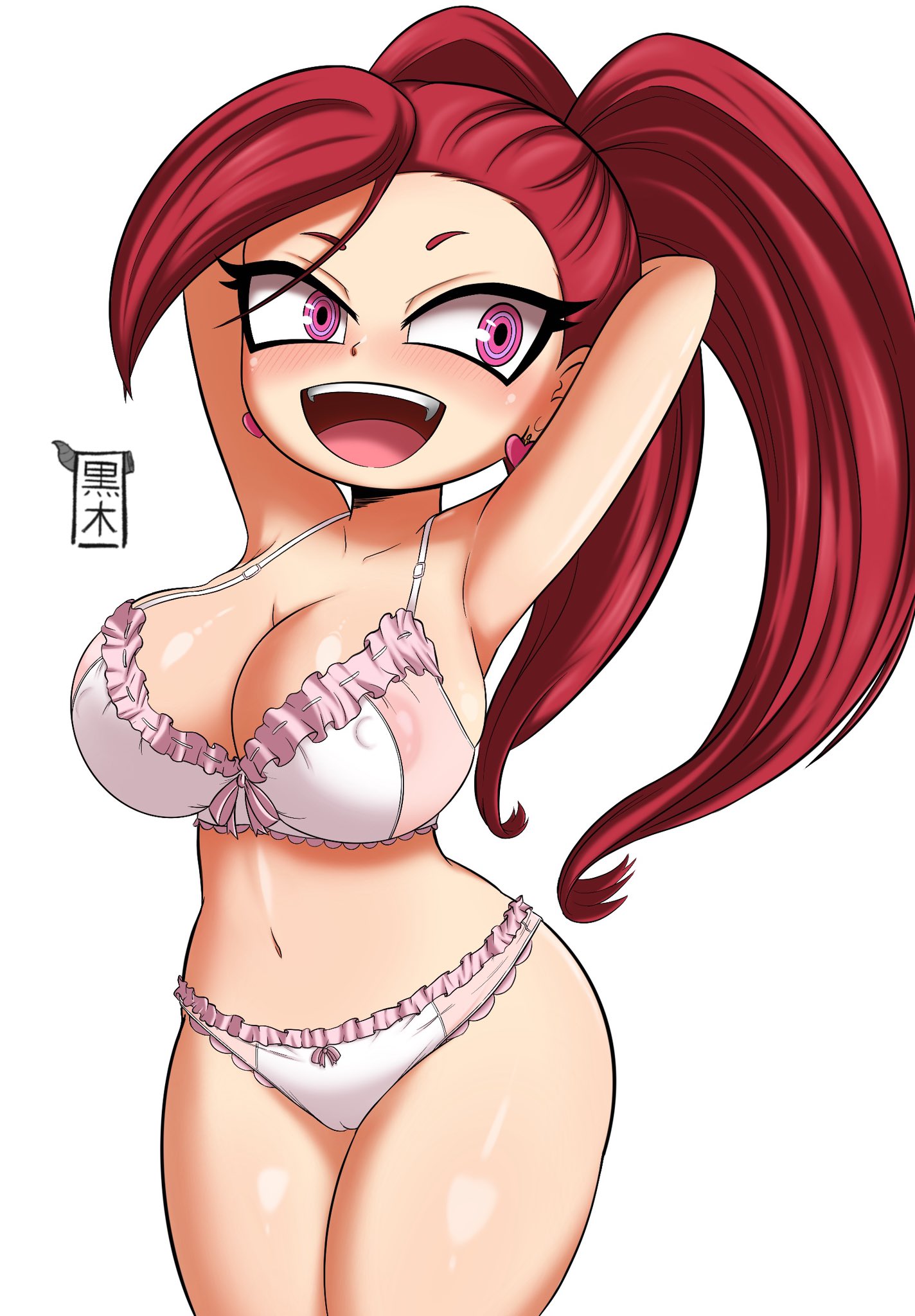 1girls, aiba manami, areolae, areolae visible through clothing, big breasts, bottomwear, bra, breasts, cleavage, ear piercing, earrings, female, female only, hair, hands behind head, hips, huge breasts, kurokiart97, la brava (my hero academia), my hero academia, nipple bulge, open mouth, panties, pink eyes, pink hair, shortstack, smile, solo, solo female, thighs, topwear, twintails, white bra, white panties
