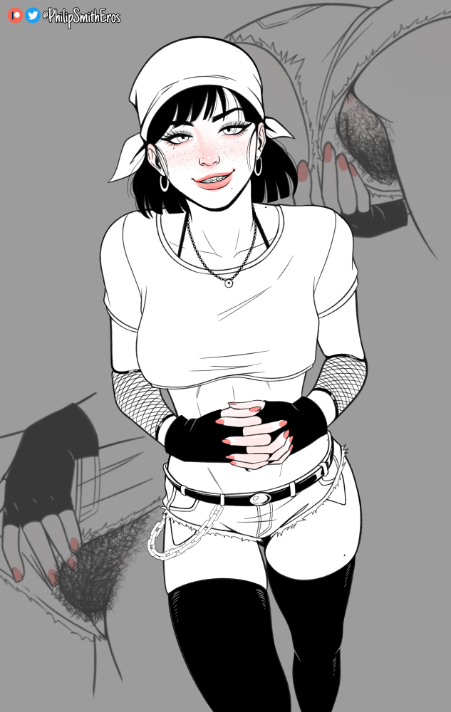 aged up, black hair, braces, dragon ball, dragon ball gt, fishnet clothing, hairy, hairy pussy, pan (dragon ball), philipsmitheros, pubic hair, pussy, pussy hair, shorts, smile, solo, thighhighs