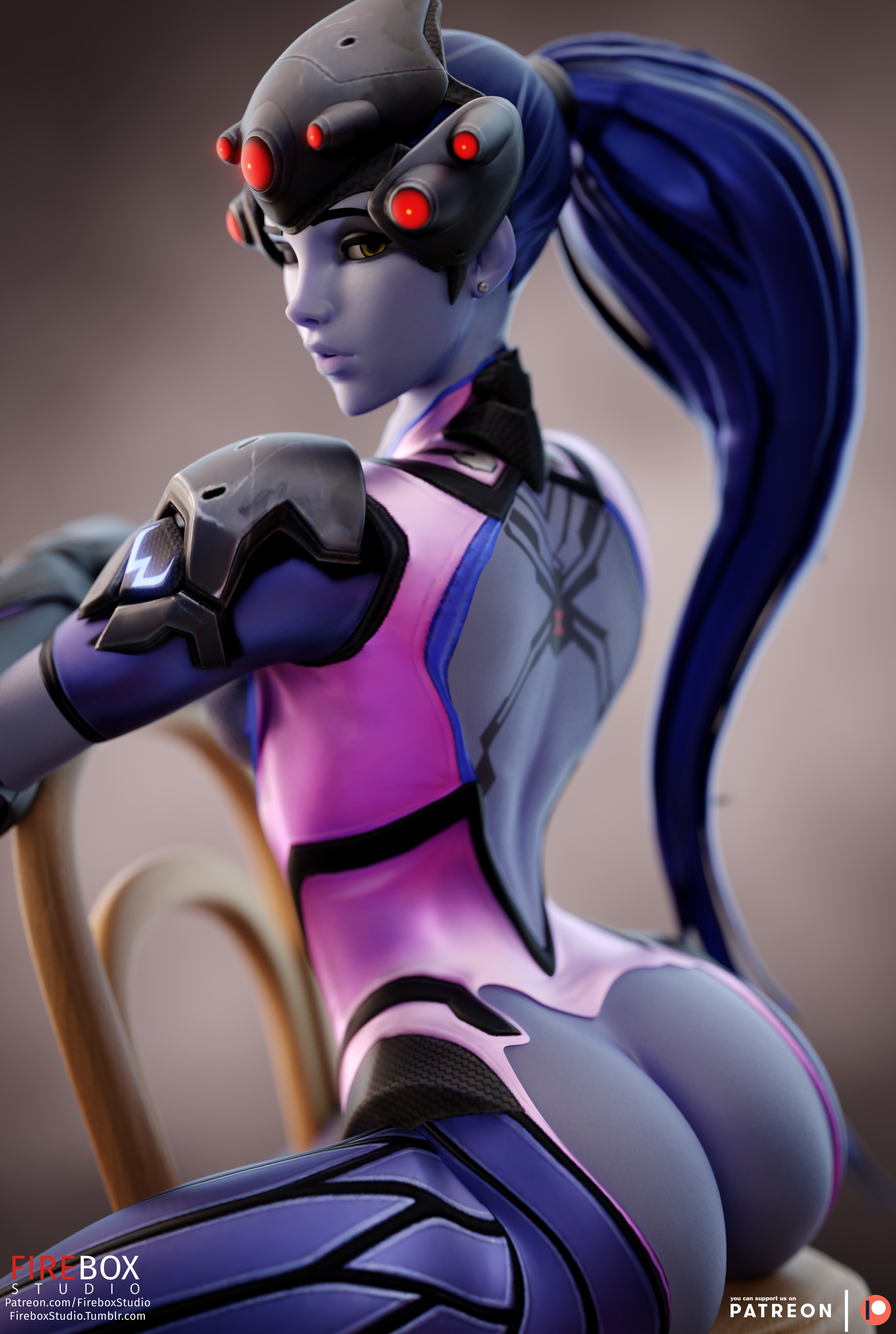 3d, amelie lacroix, ass, blender, blizzard entertainment, female, female only, fireboxstudio, looking at viewer, looking back, overwatch, patreon username, solo, tumblr username, widowmaker