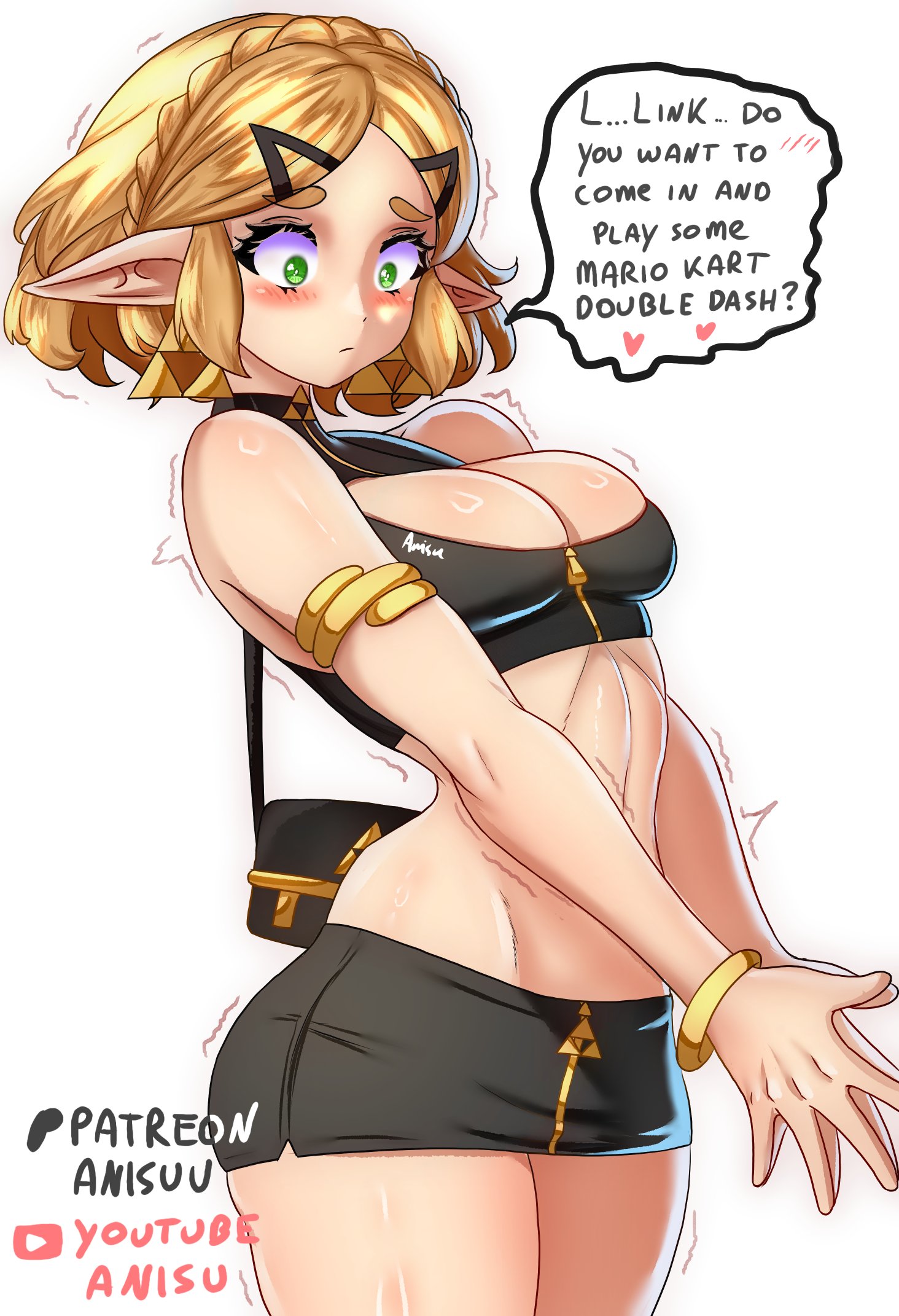 1girls, anisdrawn, blonde hair, breasts, embarrassed, english text, female, female focus, female only, large breasts, light skin, light-skinned female, midriff, nintendo, princess zelda, skirt, solo, tears of the kingdom, text, the legend of zelda, thick thighs, thighs, zelda (tears of the kingdom)
