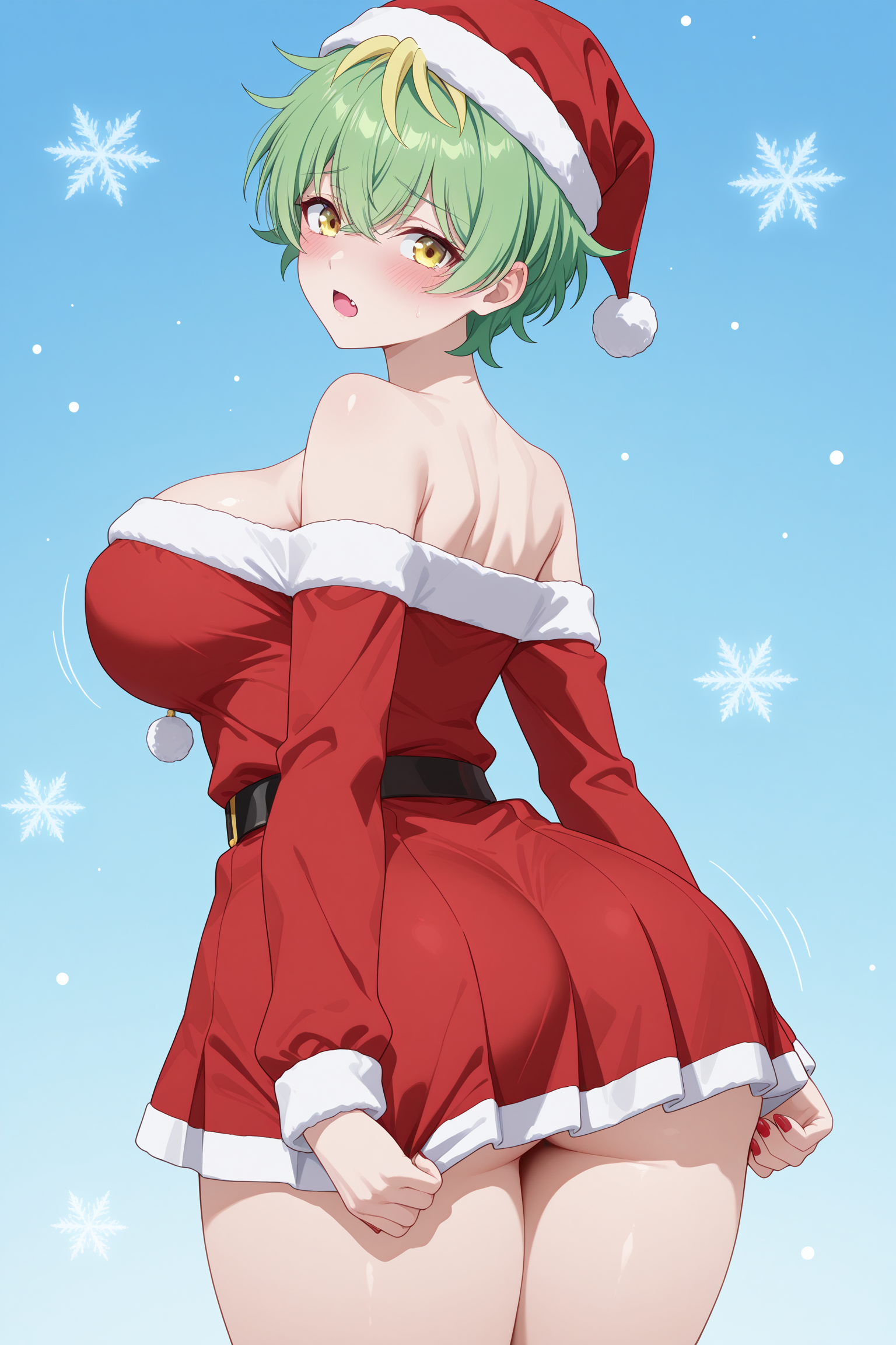 ai generated, ass, ass focus, back view, bare arms, bare legs, bare shoulders, bare thighs, beautiful, blue background, blush, christmas, christmas outfit, cleavage, embarrassed, fang, fangs, female, female only, focus back, focus on ass, girl, green hair, gtsrak, huge ass, huge breasts, mikadono miwa, mikadono sanshimai wa angai choroi, miniskirt, motion lines, multicolored hair, open mouth, red dress, red nails, sad, santa claus, santa costume, santa dress, santa hat, sexy, sexy pose, short hair, solo female, wide hips, wide thighs, yellow eyes, yellow hair