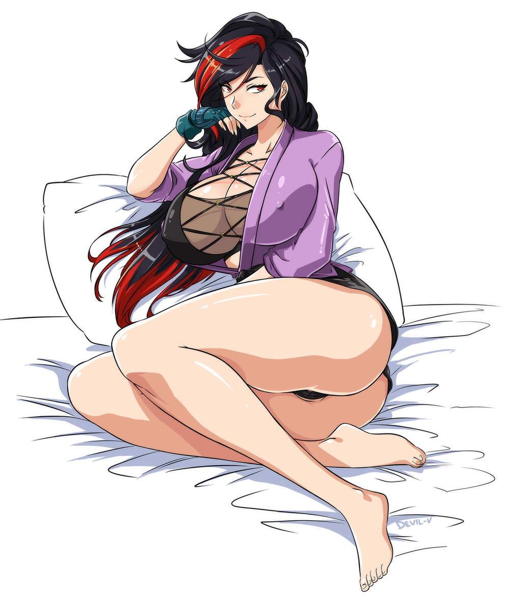 1girls big_breasts black_panties cameltoe dark_hair devil-v female huge_ass huge_breasts huge_butt large_ass large_breasts light-skinned_female light_skin lying_down lying_on_bed nipple_bulge nipples pale-skinned_female pale_skin presenting presenting_hindquarters purple_clothing red_strand_of_hair seductive_look seductive_smile shiny_skin smile solo solo_female thick_thighs white_skin