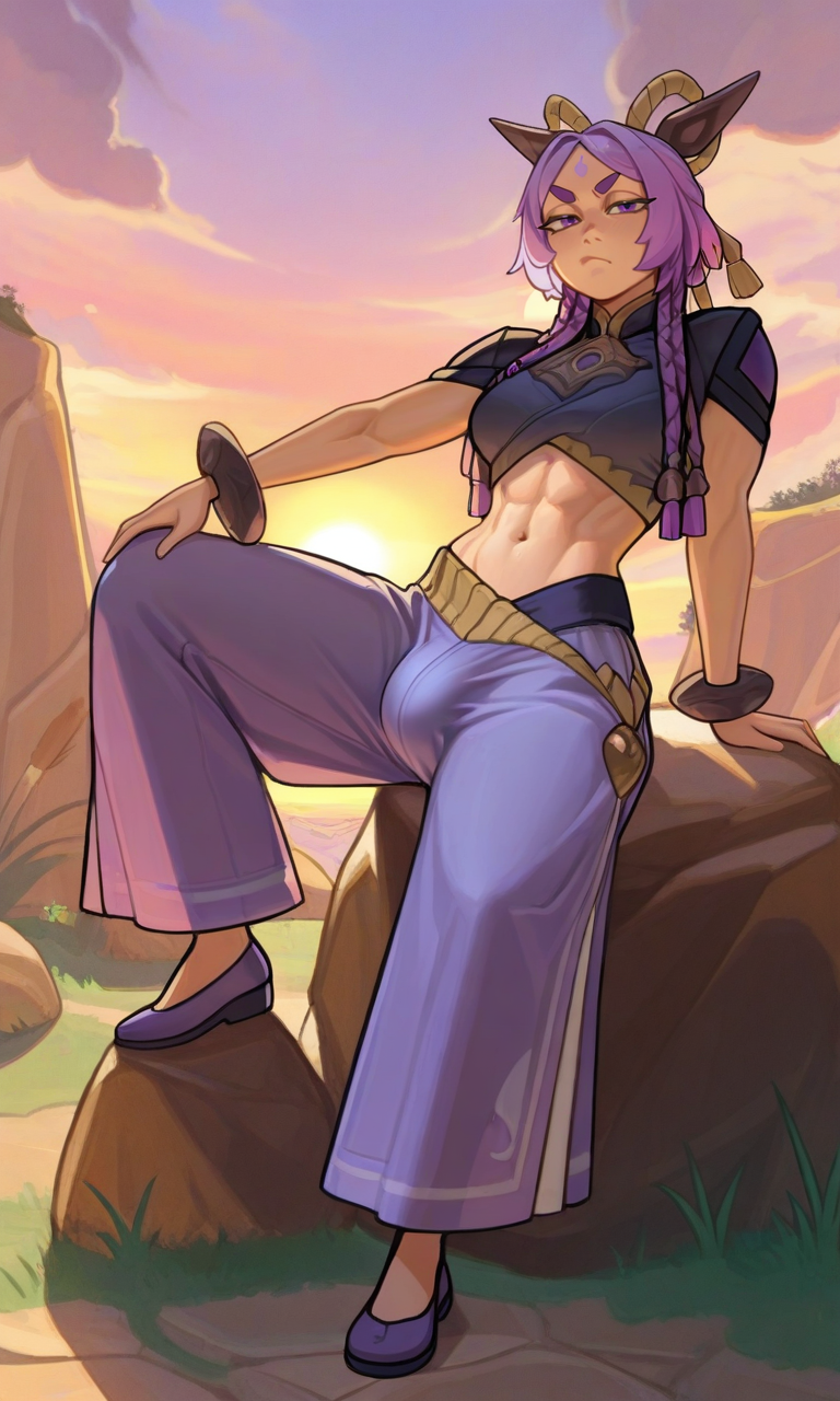 abs, ai generated, bulge, bulge through clothing, futanari, league of legends, muscular female, muscular futa, riot games, yunara (league of legends)