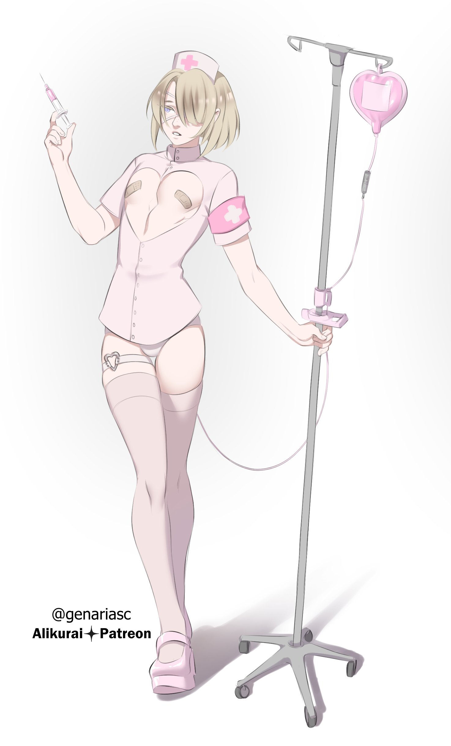 1boy, alikurai, bandaids on nipples, blonde hair, blue eyes, cutout, eyepatch, eyewear, femboy, femboy only, feminine, feminine male, footwear, freminet (genshin impact), full body, genshin impact, girly, hair, hair over one eye, hat, headwear, heart cutout, heels, holding object, iv bag, legwear, male only, nurse, nurse cap, nurse clothing, nurse hat, nurse uniform, panties, short hair, solo, solo femboy, syringe, thigh strap, thighhighs, thighs, uniform, white panties, white thighhighs