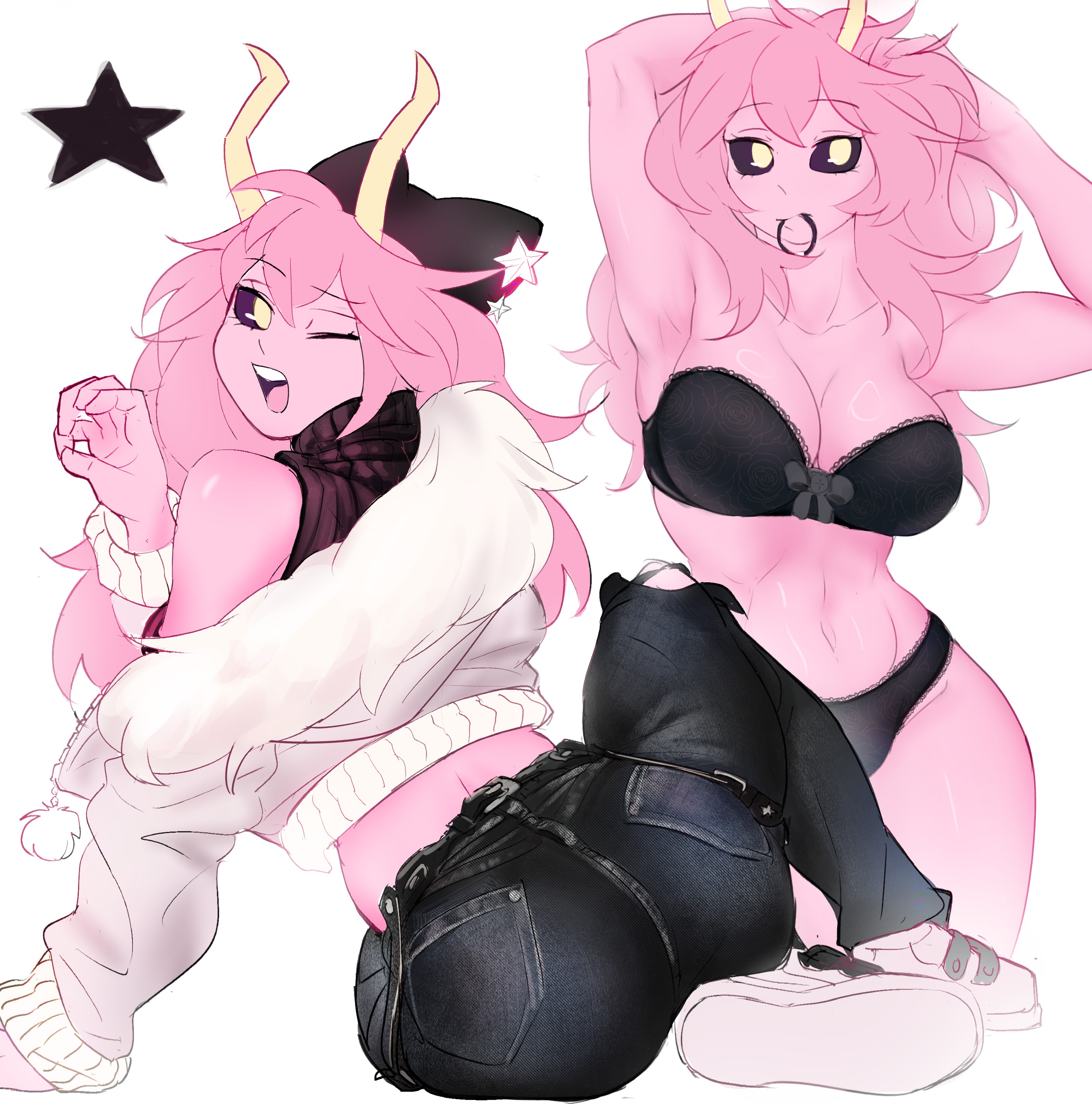 1girls, abs, armpits, arms behind head, arms up, ass, ass focus, back, belly, belly button, black sclera, boku no hero academia, bra, breasts, cleavage, denim, female, fit, fit female, hat, hips, holic fz, horns, jacket, jeans, lace trim, lace-trimmed bra, lace-trimmed panties, large breasts, lower back, mina ashido, my hero academia, my hero academia (finale), open mouth, panties, pink body, pink hair, pink-haired female, pose, posing, posing for the viewer, post-timeskip, ribbon, ripped jeans, sneakers, thick thighs, thighs, tight clothing, tight jeans, toned, toned female, underwear, wide hips, wink, winking at viewer, yellow eyes, yellow horns