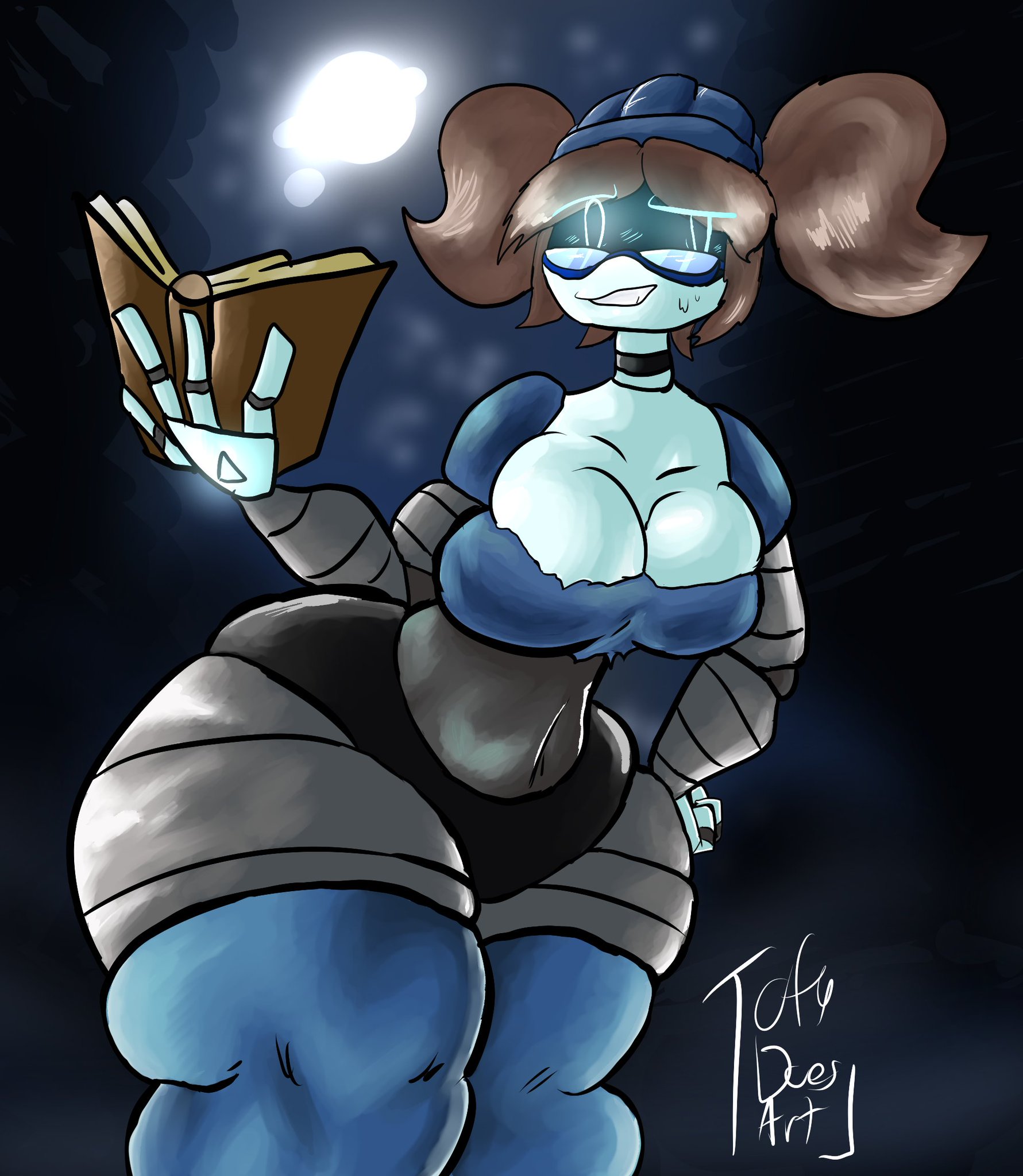android, book, bottom heavy, brown hair, cleavage, cyan eyes, emily (murder drones), female, female only, glasses, glitch productions, half-moon glasses, hand on hip, huge ass, large breasts, liam vickers, looking to the side, medium hair, murder drones, robot girl, screen face, thick thighs, tofudoesart, twintails, wide hips