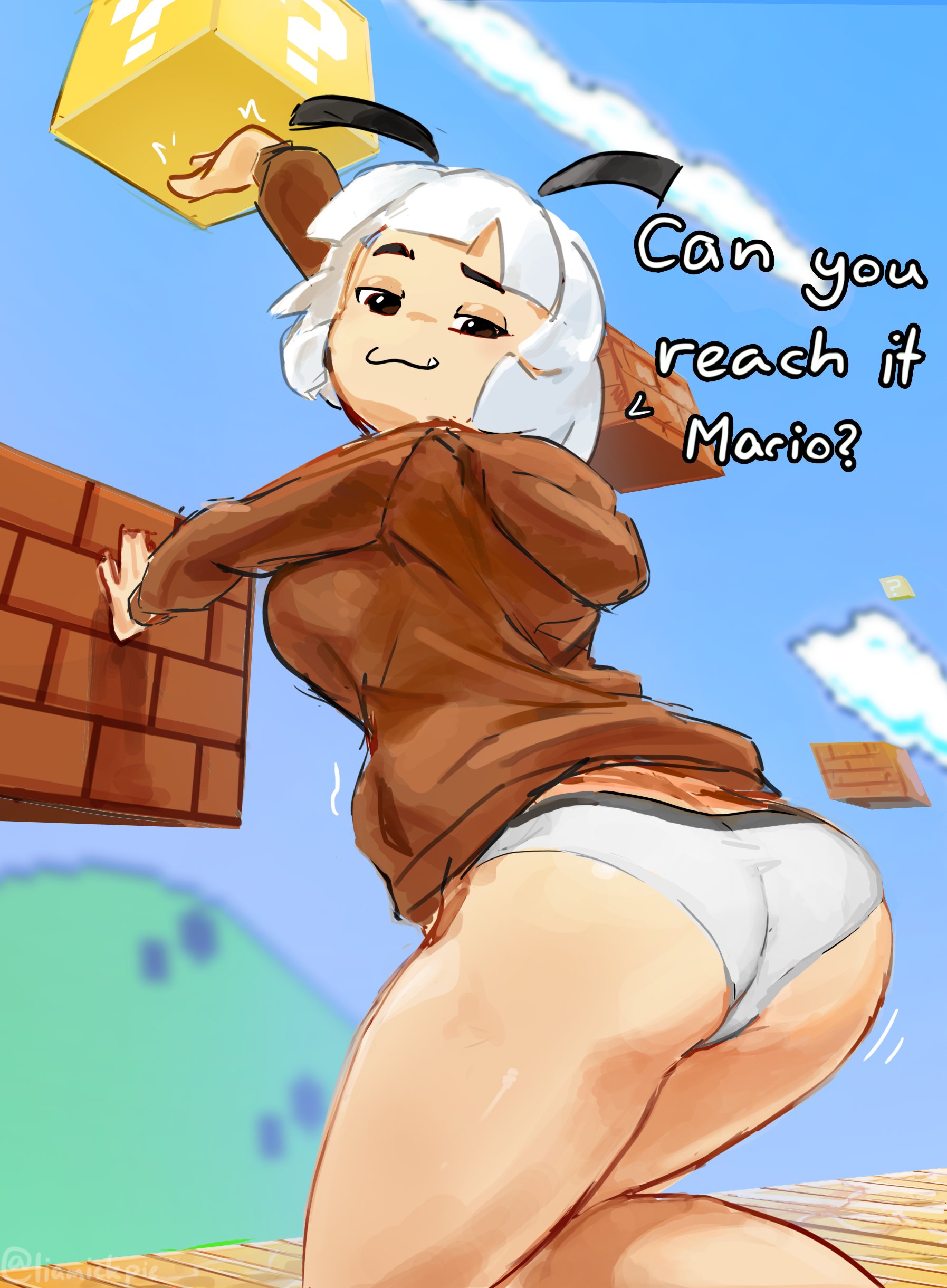 1girls, ass, ass focus, black eyes, breasts, fangs, female, female focus, female only, goomba, goomba girl, jacket, liamickpie, looking at viewer, looking back, looking down, mario (series), no pants, panties, rear view, seductive, seductive eyes, seductive look, seductive smile, smug, smug expression, smug eyes, smug face, smug grin, solo, solo female, solo focus, thick ass, thick thighs, white hair, white panties, wide hips