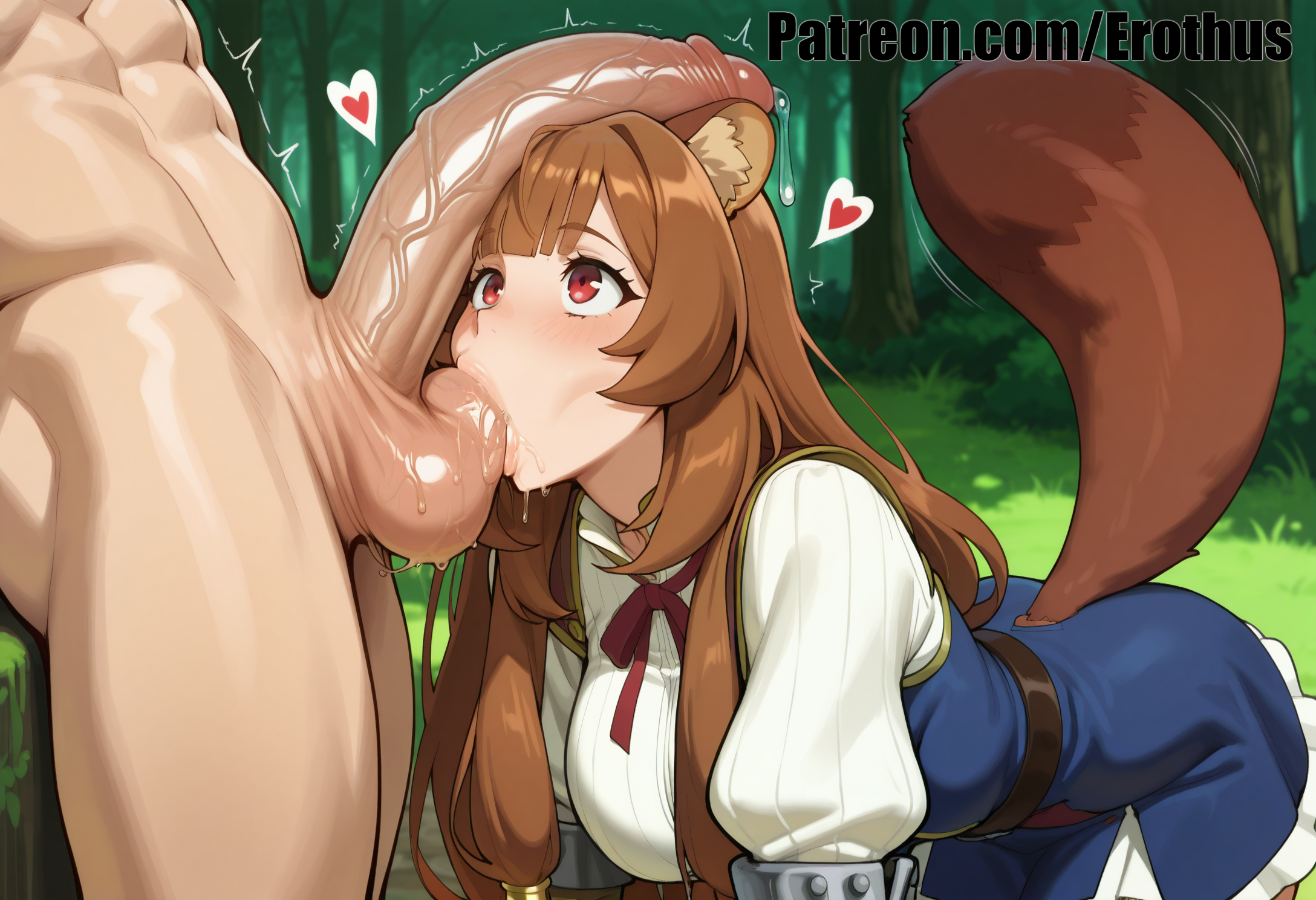 1boy, ai generated, animal ear fluff, animal ears, bangs, blush, breasts, brown hair, clothed female nude male, day, dress, erection, erothus, fellatio, female, forest, heart, large breasts, long hair, nature, nude, oral, outdoors, penis, raccoon ears, raccoon girl, raccoon tail, raphtalia, red eyes, solo focus, straight, tail, tate no yuusha no nariagari, testicles, the rising of the shield hero, tree, uncensored, veins, veiny penis