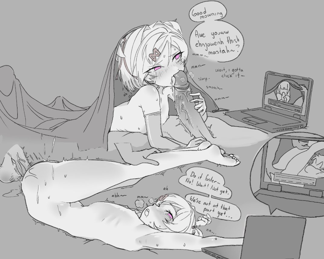 1boy, 1girls, accessory, ambiguous penetration, ass, balls, bangs, bed sheet, big penis, bodily fluids, breasts, completely nude, completely nude female, dialogue, disembodied penis, doki doki literature club, duo, elbow gloves, elbow gloves only, english text, erect penis, erection, exspiravitbag, faceless male, feet, female, flat chest, folded, functionally nude, functionally nude female, genitals, gloves, gloves only, greyscale, hair accessory, hair intakes, hair ornament, hair ribbon, hair ribbons, hairclip, handwear, handwear only, hetero, indoors, laptop, licking, licking penis, light skin, light-skinned female, light-skinned male, looking at porn, male, mostly nude, mostly nude female, naked elbow gloves, naked gloves, naked handwear, natsuki (doki doki literature club), nipples, nude, nude female, oral, oral sex, pale skin, pale-skinned female, penetration, penis, penis lick, penis licking, petite, pink eyes, porn, pornography, saliva, saliva on penis, sex, short hair, size difference, slim, small breasts, speech bubble, straight, sweat, swept bangs, talking, talking to another, talking to partner, testicles, text, thighs, tied hair, tongue, tongue out, twintails, twintails (hairstyle), unseen male face, watching porn