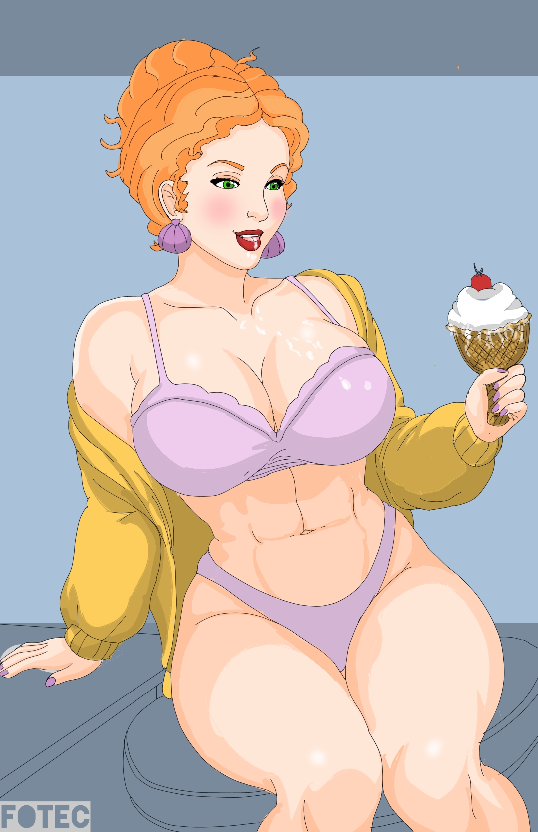 1girls, 1woman, big breasts, big titties, bikini, bikini bottom, bikini top, blush, breasts, breasts bigger than head, bust, busty, busty female, female, fotec, green eyes, ice cream, lips, lipstick, make up, make-up, makeup, milf, milf body, ms. frizzle, orange eyebrows, orange hair, purple bikini, purple nails, scholastic corporation, seducing, seduction, seductive, seductive body, seductive eyes, seductive look, seductive mouth, seductive pose, seductive smile, sexy, sexy body, sexy pose, sitting, sitting on chair, sitting pose, sitting position, teacher, the magic school bus, thick, thick thighs, thighhighs, thighs, yellow clothing, yellow jacket, yellow jacket (clothing)