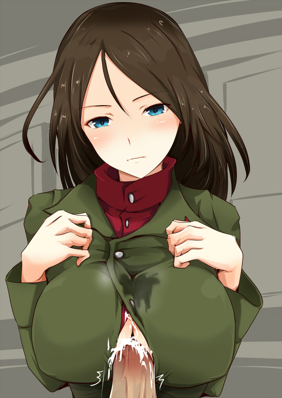 1boy 1girls bangs big_breasts black_hair blue_eyes blush breast_squeeze breasts censored cum cum_between_breasts ejaculation ejaculation_between_breasts female girls_und_panzer hanchou_(shirokun555) large_breasts long_hair male nipples nonna paizuri paizuri_under_clothes penis pov pravda_military_uniform solo_focus straight swept_bangs