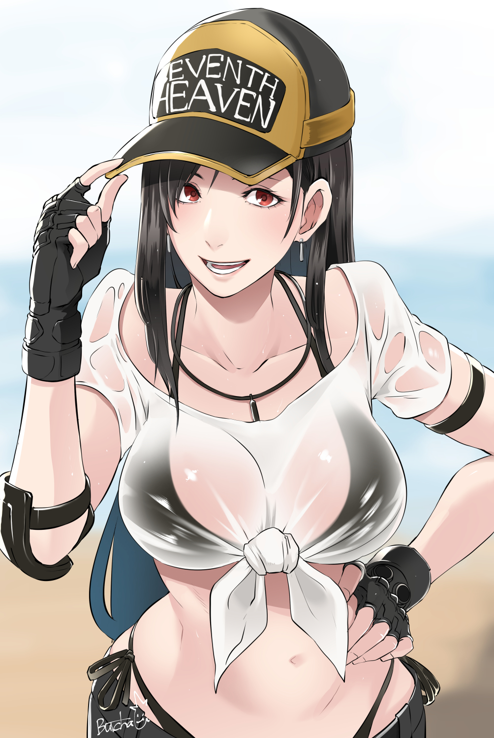1girls, adjusting clothes, adjusting headwear, artist name, baseball cap, beach, beach background, big breasts, bikini, bikini under clothes, black bikini, black hair, blurry, blurry background, breasts, brown eyes, butcha-u, cleavage, collarbone, commentary request, crop top, earrings, elbow pads, female, final fantasy, final fantasy vii, final fantasy vii: ever crisis, fingerless gloves, front-tie top, gloves, halterneck, hand on own hip, hat, highres, jewelry, large breasts, lifeguard tifa, long hair, navel, necklace, ocean, official alternate costume, panty straps, red eyes, sand, see-through cleavage, see-through clothes, see-through shirt, seventh heaven, shirt, side-tie bikini bottom, side-tie bottom, single elbow pad, skirt, smile, solo, square enix, stomach, string bikini, swimsuit, teardrop earrings, tied shirt, tifa lockhart, tifa lockhart (lifeguard), two-tone headwear, upper body, wet, wet clothes, wet shirt, whistle, whistle around neck