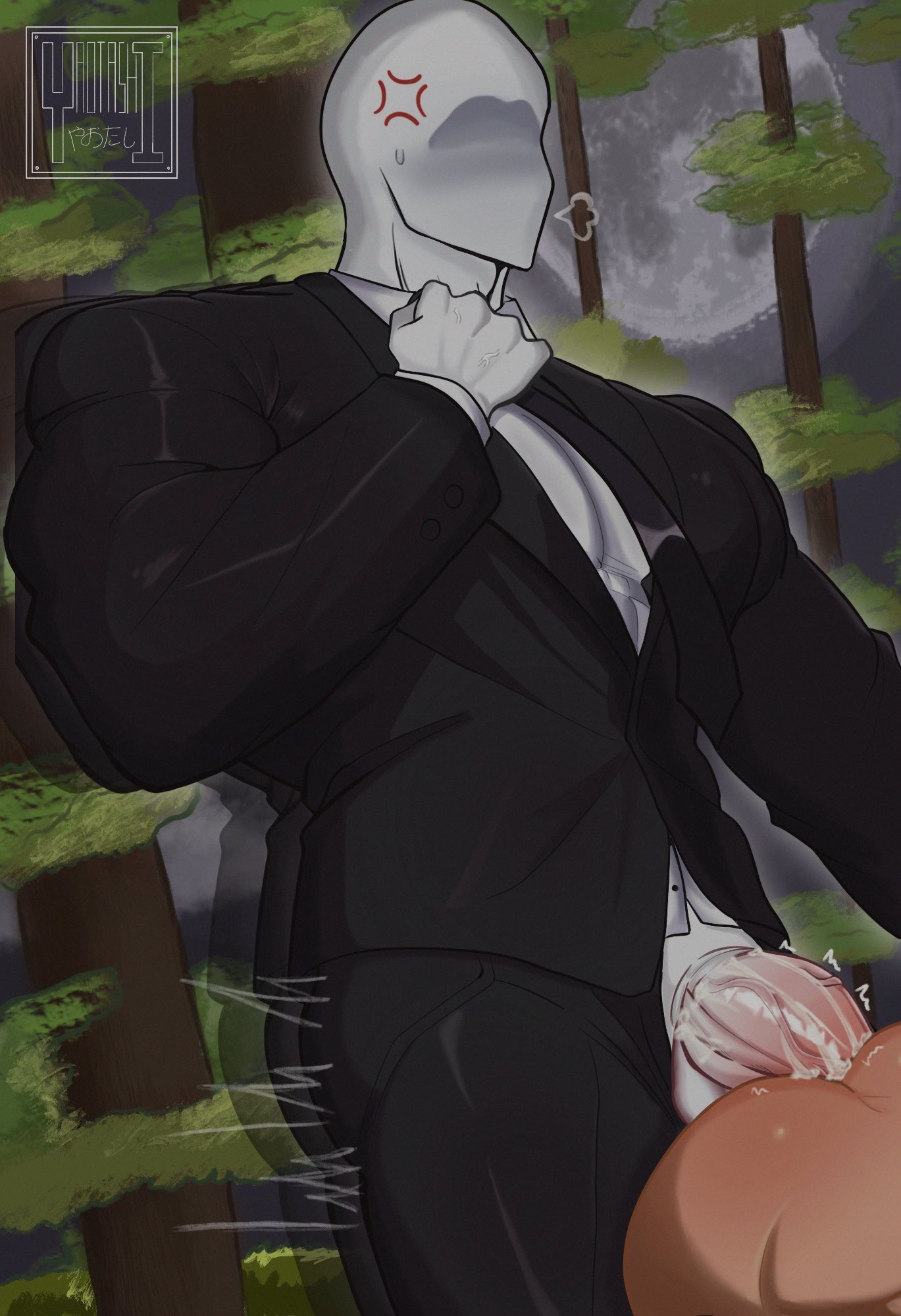 anal, anal penetration, anal sex, angry, artist name, ass, bara, big arms, big penis, black clothing, black jacket, black pants, clothed, creepypasta, cum, dim lighting, faceless male, formal, gay, male focus, male only, male penetrating, male penetrating male, male/male, muscular, muscular arms, muscular male, necktie, night, night sky, out of frame, outdoors, pale skin, penis in ass, penis out, penis out of pants, size difference, slenderman, standing, suit, white shirt, woods, yaoi, yaotashi