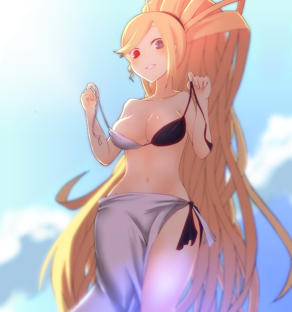 1girls, beach, bikini, blonde hair, breasts, female, heterochromia, hilda (under night in-birth), looking at viewer, solo, tagme, under night in-birth