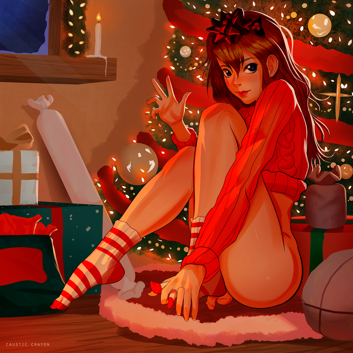 1boy, androgynous, balls, blue eyes, blush, bottomless, brown hair, brunette, candle, causticcrayon, censored, christmas, christmas sweater, christmas tree, femboy, feminine male, flaccid, flat chest, fringe, girly, long hair, looking at viewer, male, male only, no panties, original, penis, petite, shy, socks, solo, striped socks, sweater, teenager, testicles, thighs, toe socks, toes, trap