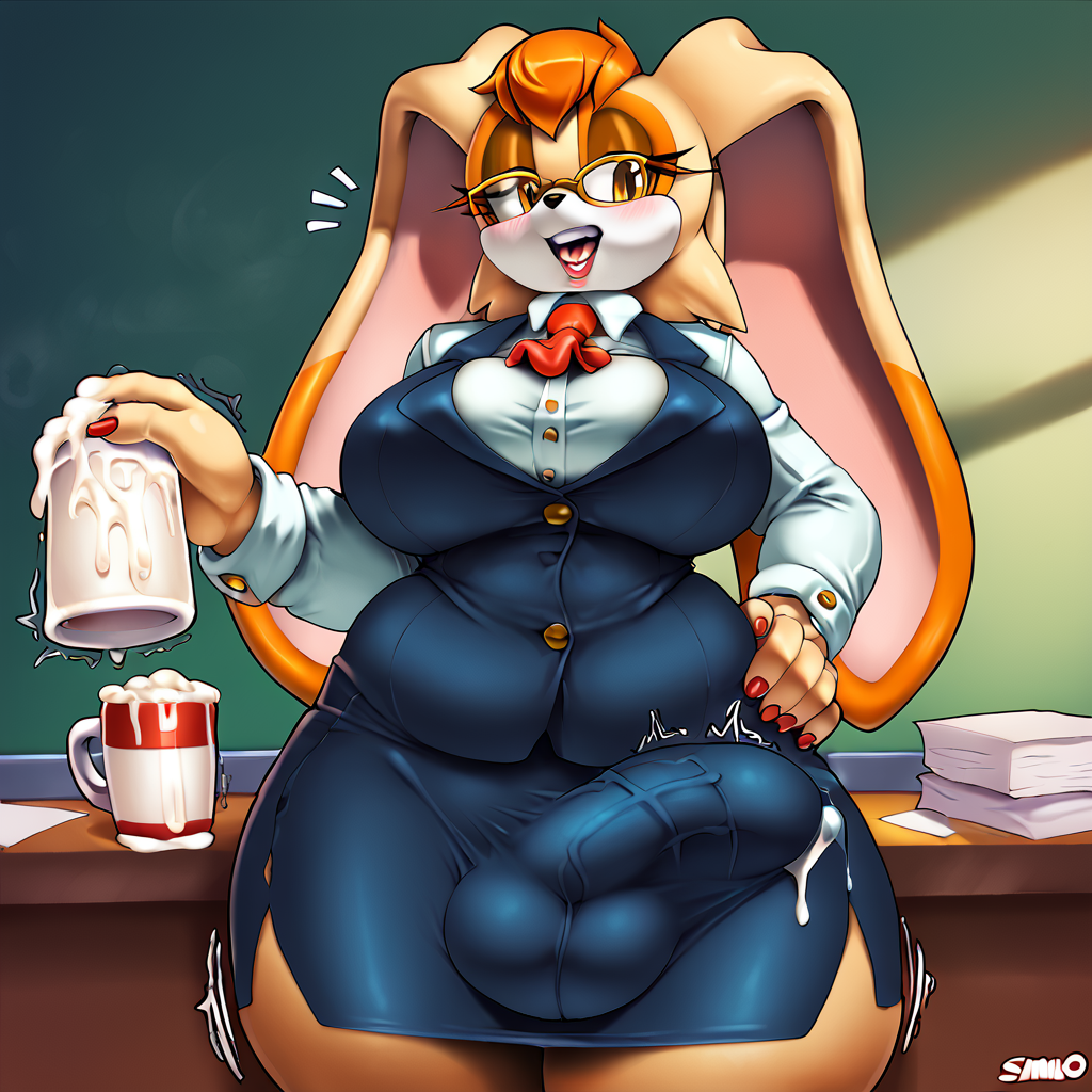 ai_generated balls bulge classroom cum_in_cup detailed_bulge futanari large_breasts penis precum_through_clothing sonic_(series) teacher_outfit thick_thighs vanilla_the_rabbit wide_hips