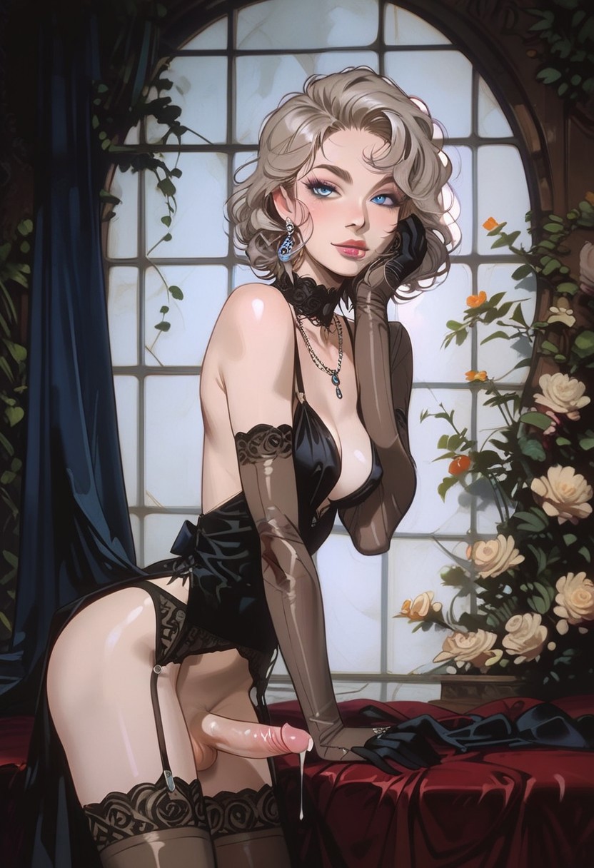 1futa ai_generated arm_support balls black_dress black_gloves black_thighhighs blonde_futa blonde_hair bottomless bottomless_futanari breasts choker cowboy_shot cum cum_dripping_from_penis dark_cultist dickgirl dress elbow_gloves elegant erect_penis erection futa_only futa_sans_pussy futanari garter_belt garter_straps indoors jewelry lace_trim lingerie looking_at_viewer medium_breasted_futa medium_breasts medium_penis navel necklace nipples no_panties partially_clothed penis realistic_breast_size self_upload short_hair smile solo solo_futa standing thighhighs