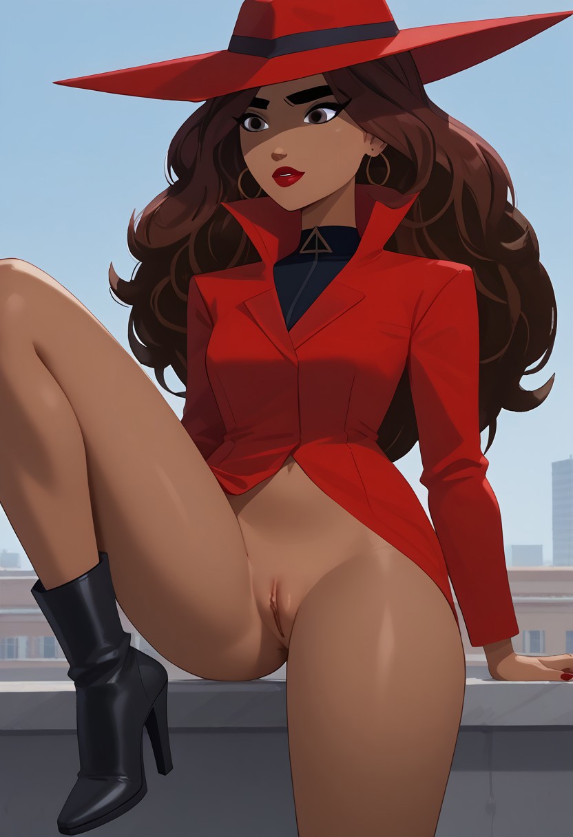 1girls ai_generated carmen_sandiego carmen_sandiego_(2019) high_heel_boots high_heels one_leg_up presenting_pussy pussy solo solo_focus standing