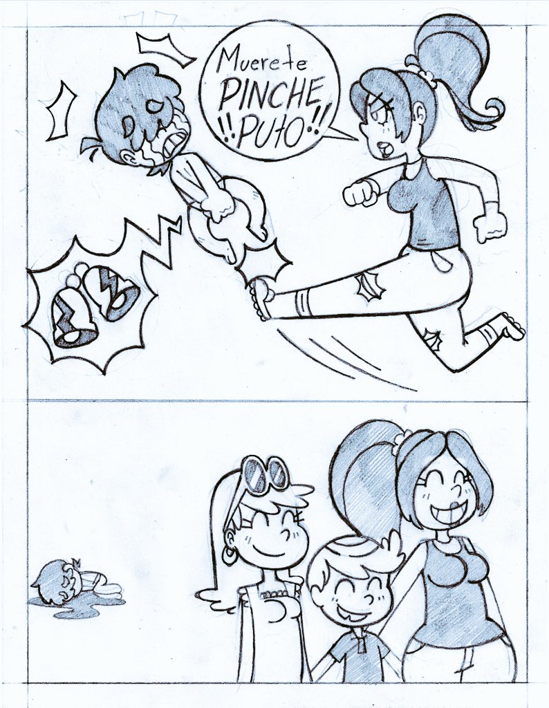 brita_(the_loud_house) comic female garabatoz kicking_balls leni_loud lincoln_loud monochrome nickelodeon rex_reyes rita_loud the_loud_house