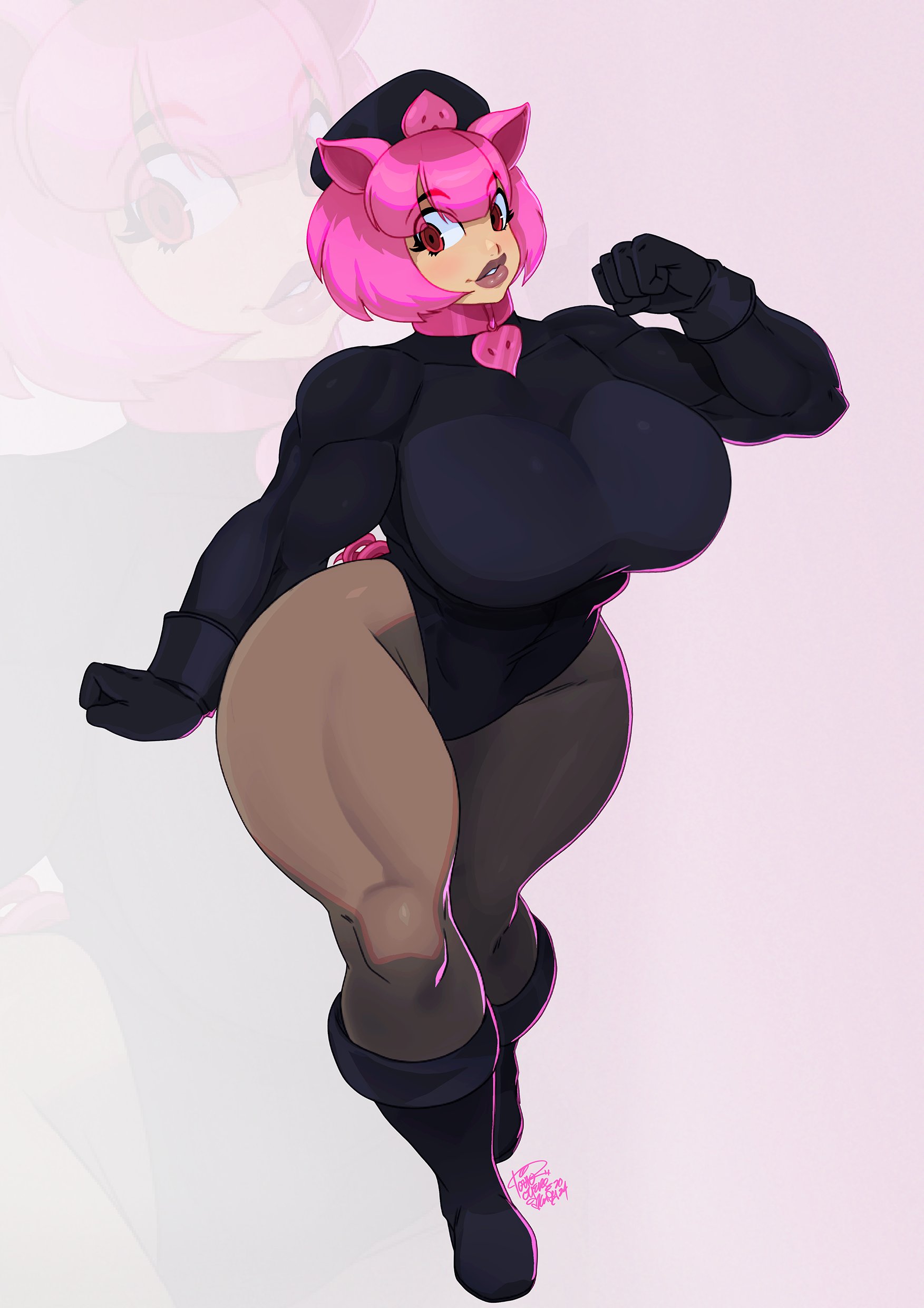 1girls, 2024, big breasts, boots, breasts, commission, female, female only, headwear, hi res, huge breasts, looking at viewer, pantyhose, pig ears, pig girl, pink hair, red eyes, solo, thick thighs, tovio rogers
