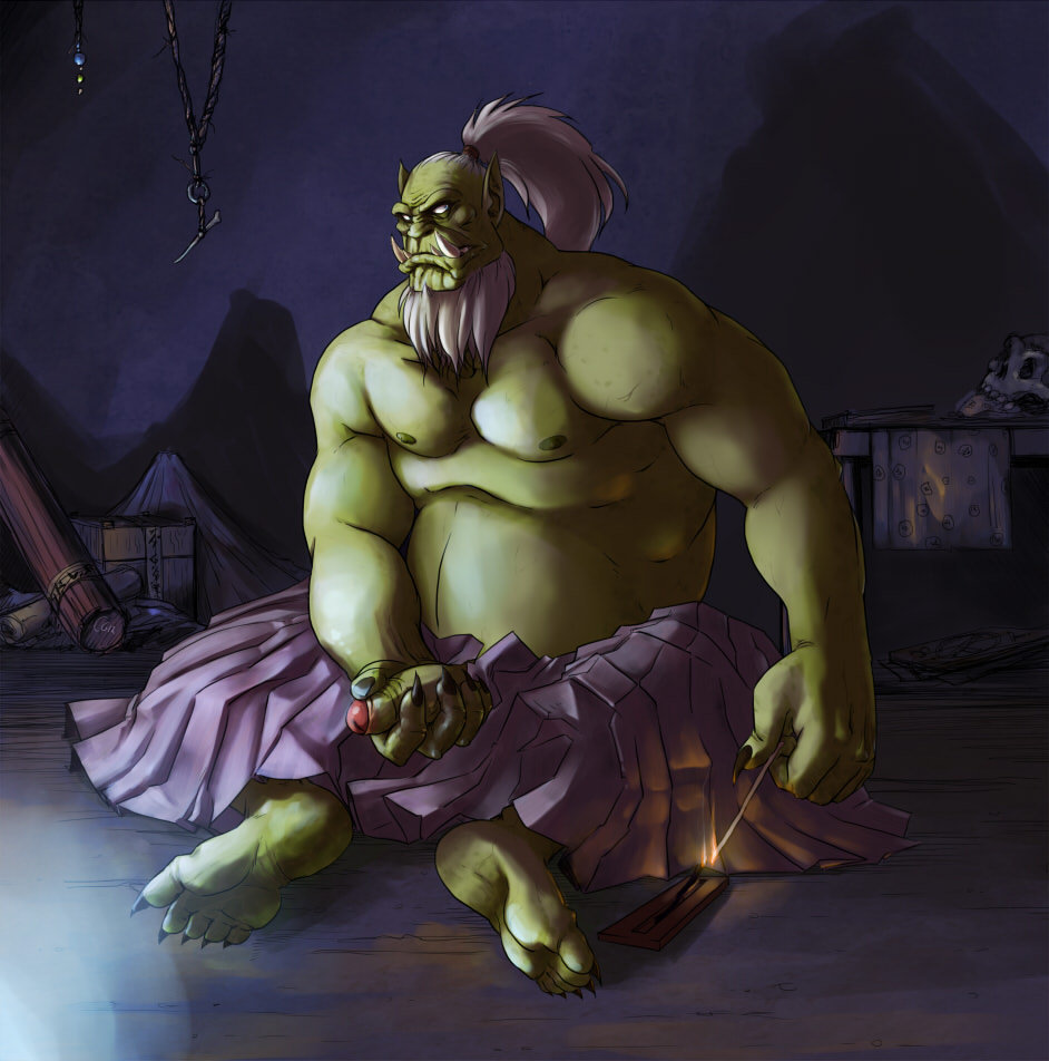 1boy bara barefoot beard erection fat green_skin male_focus male_only masturbation orc penis sitting solo world_of_warcraft yang yangpuppy