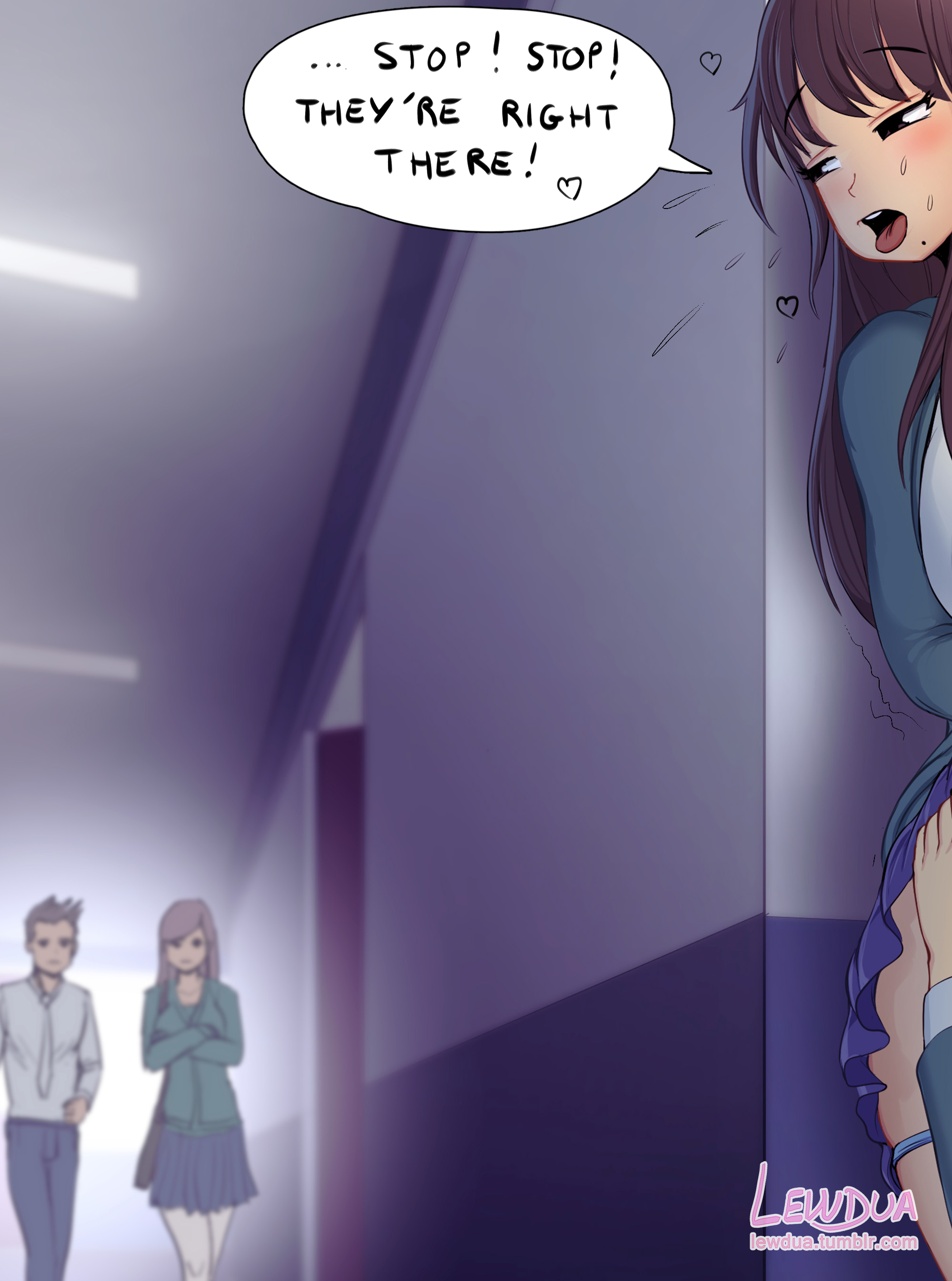 alison (lewdua), clothing, comic, dickgirl, futanari, group, intersex, lewdua, mole, mole under mouth, nessie (lewdua), original, panties, skirt, speech bubble, text