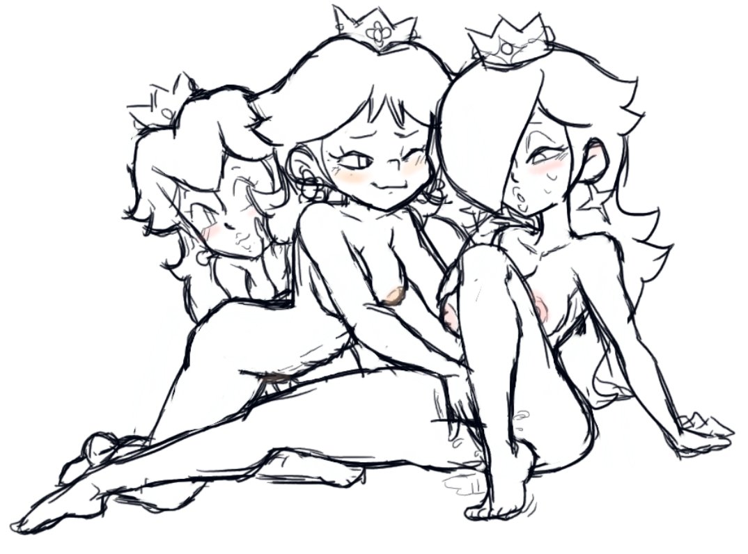 3girls big_breasts blush blushing brodtsumi crown fingering fingers flower_earrings looking_at_another looking_pleasured mario_(series) mario_bros masturbating_other princess_daisy princess_peach princess_rosalina star_earrings super_mario_galaxy thick_thighs threesome tsumibro vaginal_masturbation yuri