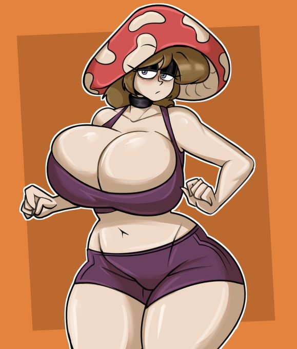 1girls 2024 2d_(artwork) baggy_eyes belly_button big_breasts black_eyeshadow bra brown_hair_female clavicle cleavage cleavage_overflow collar dagon789 flora_fauna fungi hips looking_at_viewer mom_(garp_sand) mushroom_cap mushroom_girl mushroom_humanoid original_character short_hair_female shorts solo_female solo_focus