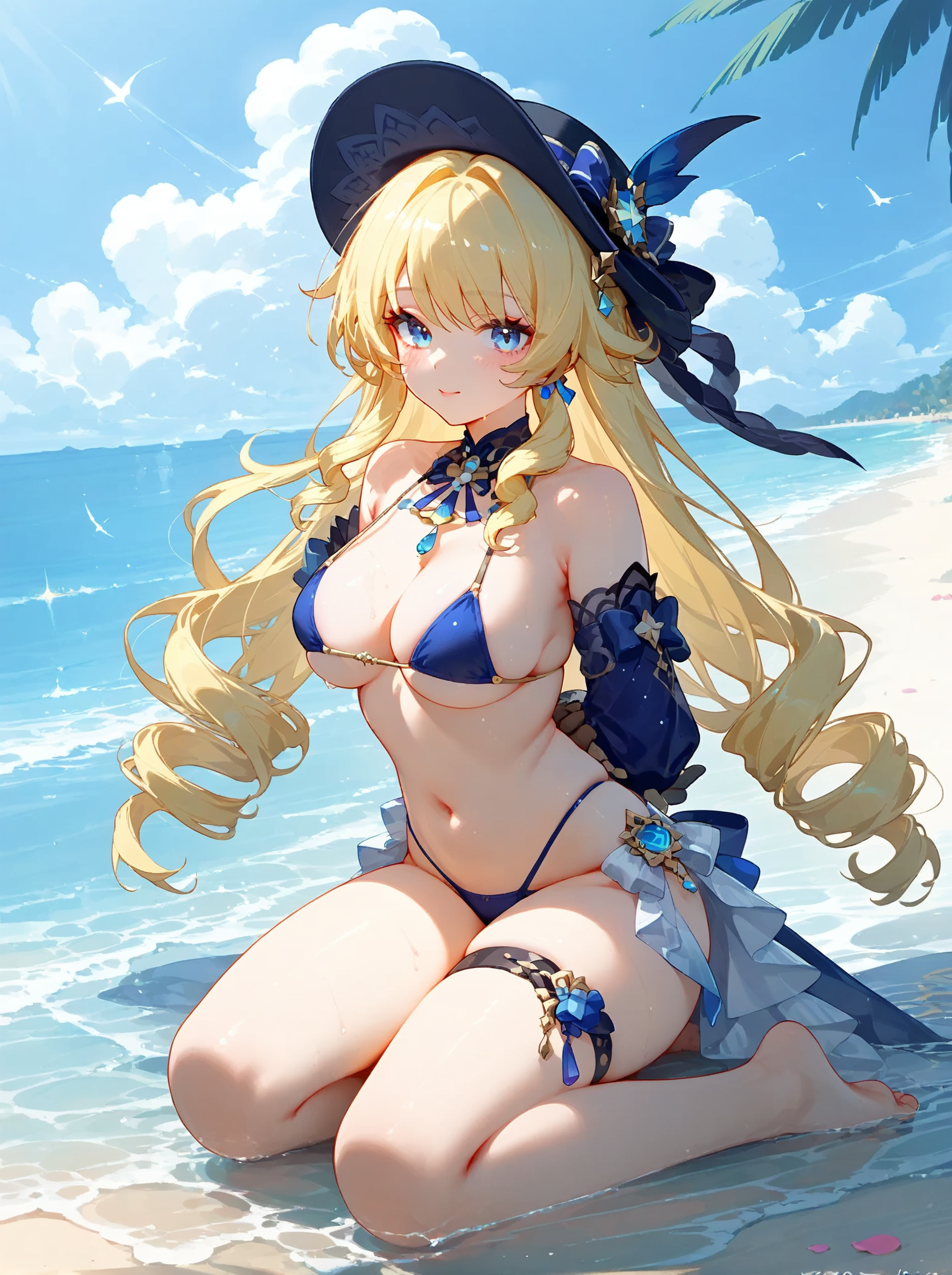 absurd res, ai generated, arms behind back, beach, belly button, bikini, bikini bottom, bikini top, blue eyes, breasts, earrings, female, genshin impact, hat, medium breasts, ministro, navia (genshin impact), necklace, sea, thighs, twintails, yellow hair