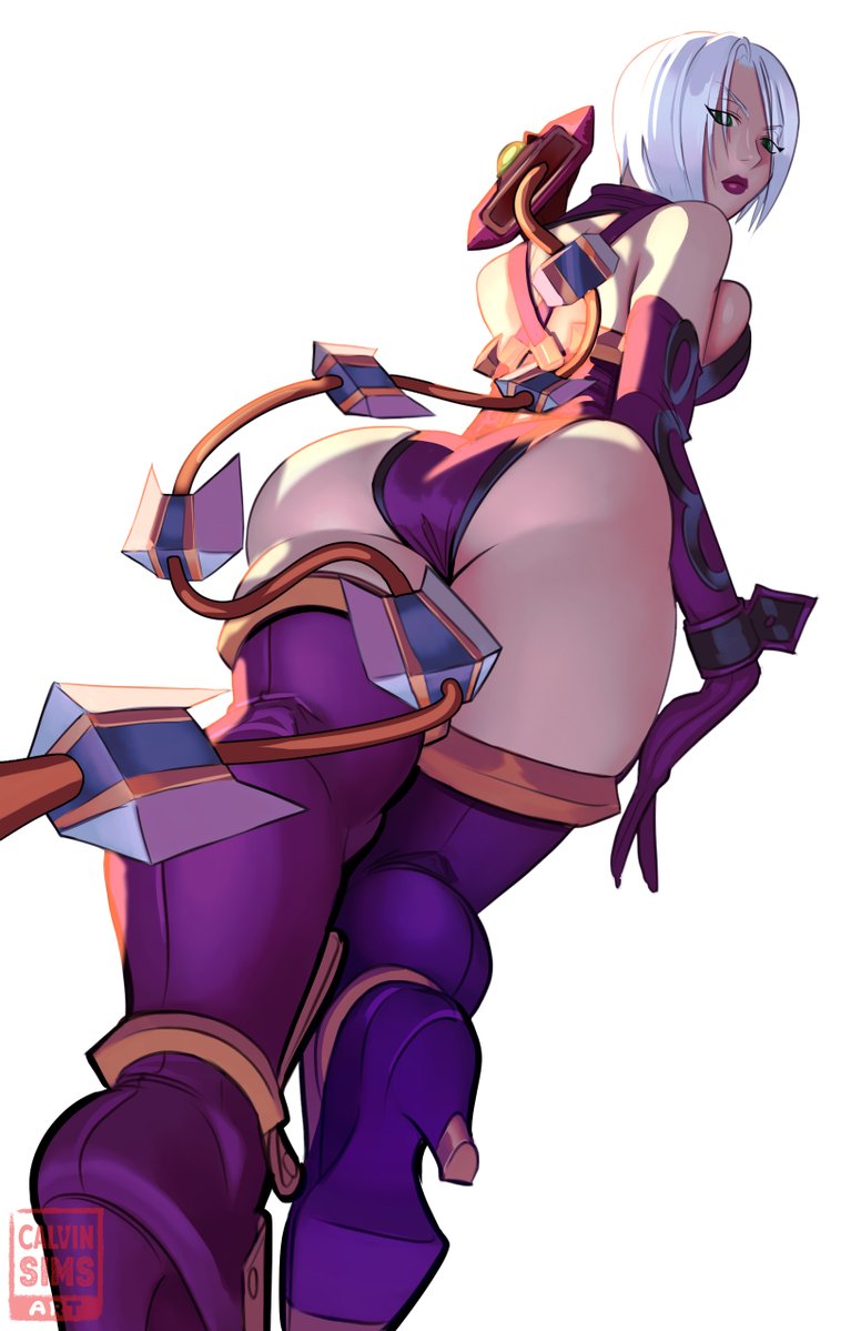 1girls 2024 ass calvinsimsart female female_only high_heel_boots isabella_valentine looking_at_viewer looking_back looking_back_at_viewer purple_lipstick rear_view shaded solo soul_calibur soul_calibur_ii thick_thighs viewed_from_below white_background white_hair