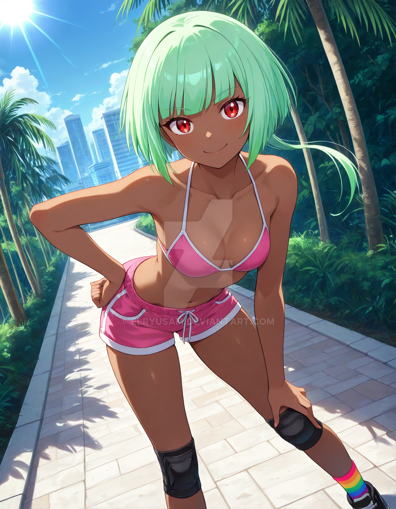 1girls, 2025, ai generated, belly, bikini under shorts, breasts, brown body, brown skin, city background, closed mouth, closed mouth smile, crunchyroll, dark-skinned female, deviantart, elryusam, emerald sustrai, female, female only, green eyebrows, green-haired female, hand on hip, hand on leg, looking at viewer, meta, mouth closed, pink bikini, pink shorts, rainbow clothing, rainbow socks, red cheeks, red-eyed female, rwby, short-haired female, smile at viewer, smiling at viewer, solo, sports legwear, tummy, tv series, tv show, white shoes