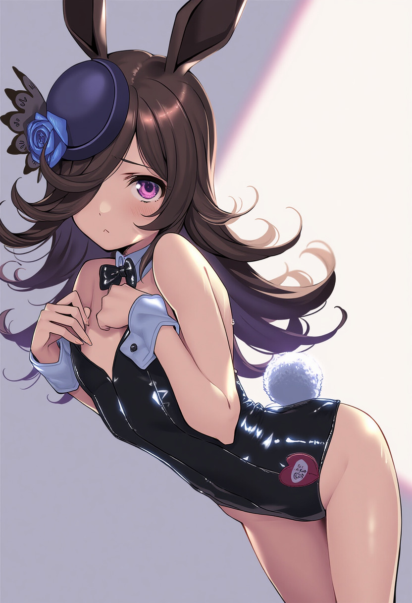 ai generated, animal ears, black hair, bunnysuit, female, hair covering eye, hat, horse girl, purple eyes, rice shower (umamusume), umamusume, umamusume pretty derby