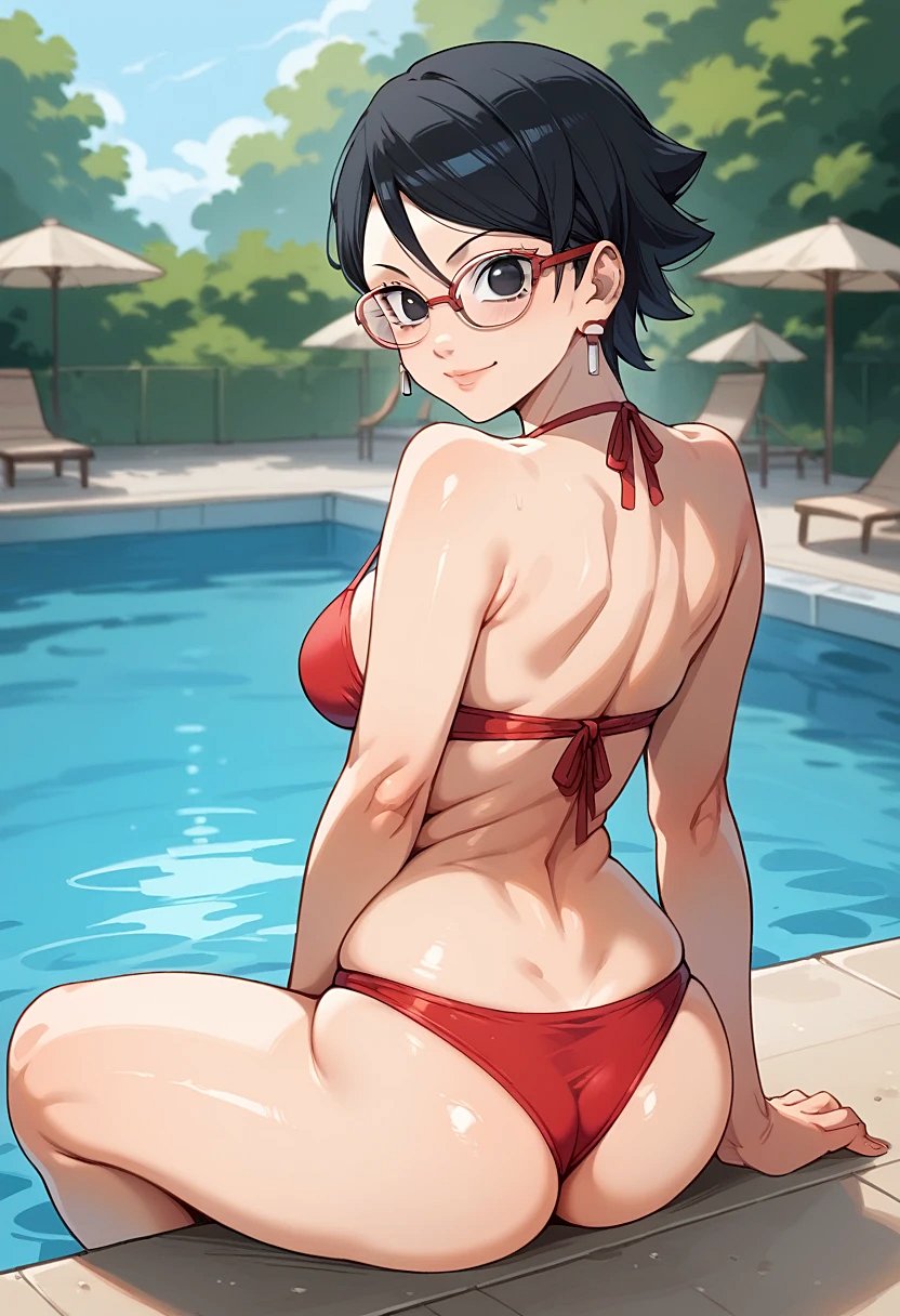 1girls, ai generated, ass, bikini, black hair, boruto: two blue vortex, breasts, female, glasses, narugirlshot, naruto, naruto (series), pool, sarada uchiha, short hair, sitting, smile, smiling, solo, teenage girl, teenager, water