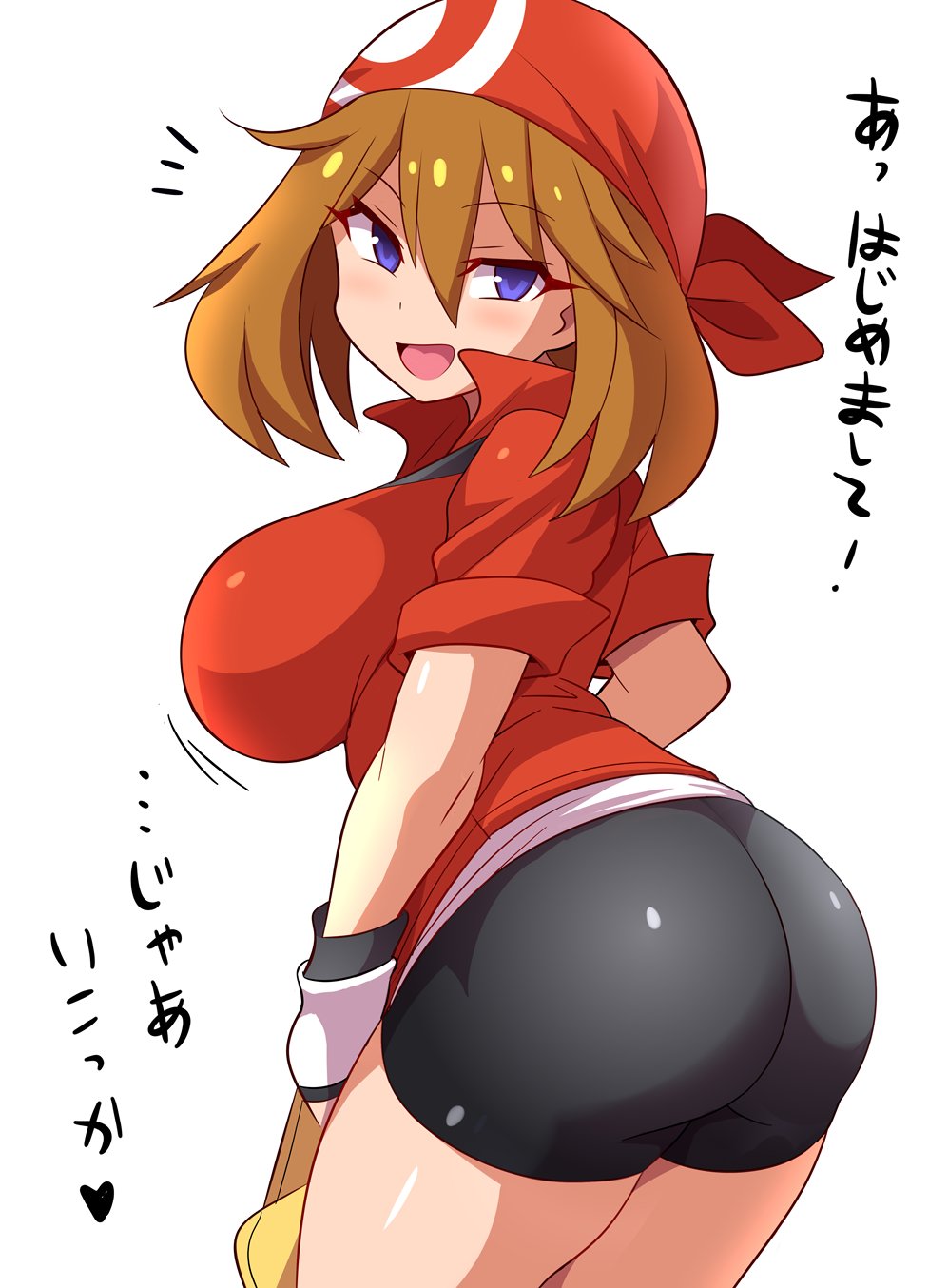 1girls, alternate breast size, anime style, ass, big ass, bike shorts, blue eyes, blush, bouncing breasts, breasts, brown hair, bubble ass, bubble butt, clothed, female, female only, holding object, huge ass, huge breasts, human, human only, konno tohiro, large breasts, looking at viewer, looking back, may (pokemon), nintendo, pokemon, pokemon rse, presenting, seductive, seductive look, seductive smile, shorts, smile, solo, spats, surprised, text, thick, thick thighs, voluptuous, wide hips