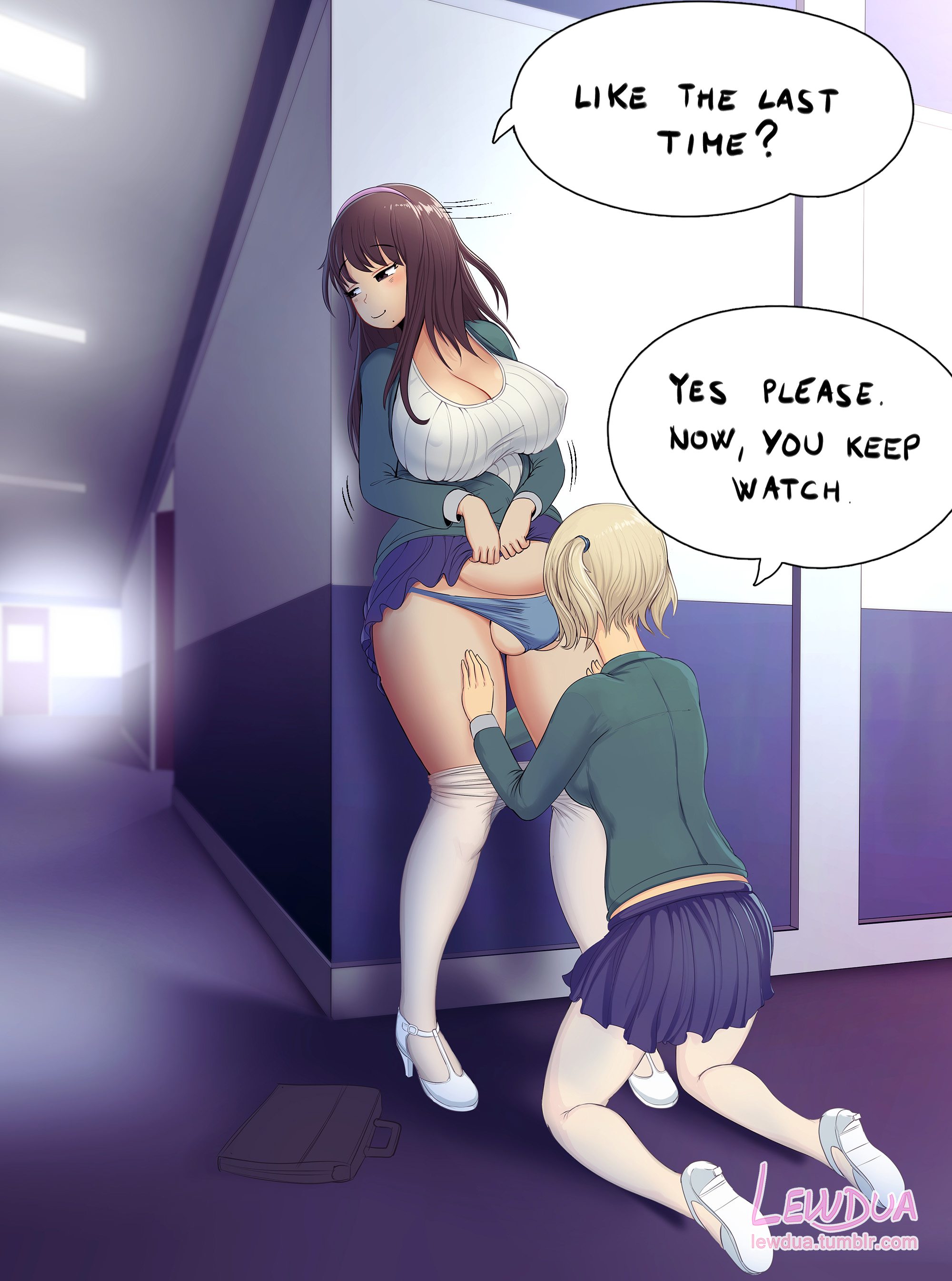 2futas, alison (lewdua), balls, balls in panties, big breasts, breasts, cleavage, clothing, comic, dickgirl, futa on futa, futanari, intersex, large breasts, lewdua, mole, mole under mouth, nessie (lewdua), original, panties, pantyhose, penis, penis in panties, skirt, speech bubble, stealth sex, testicles, text
