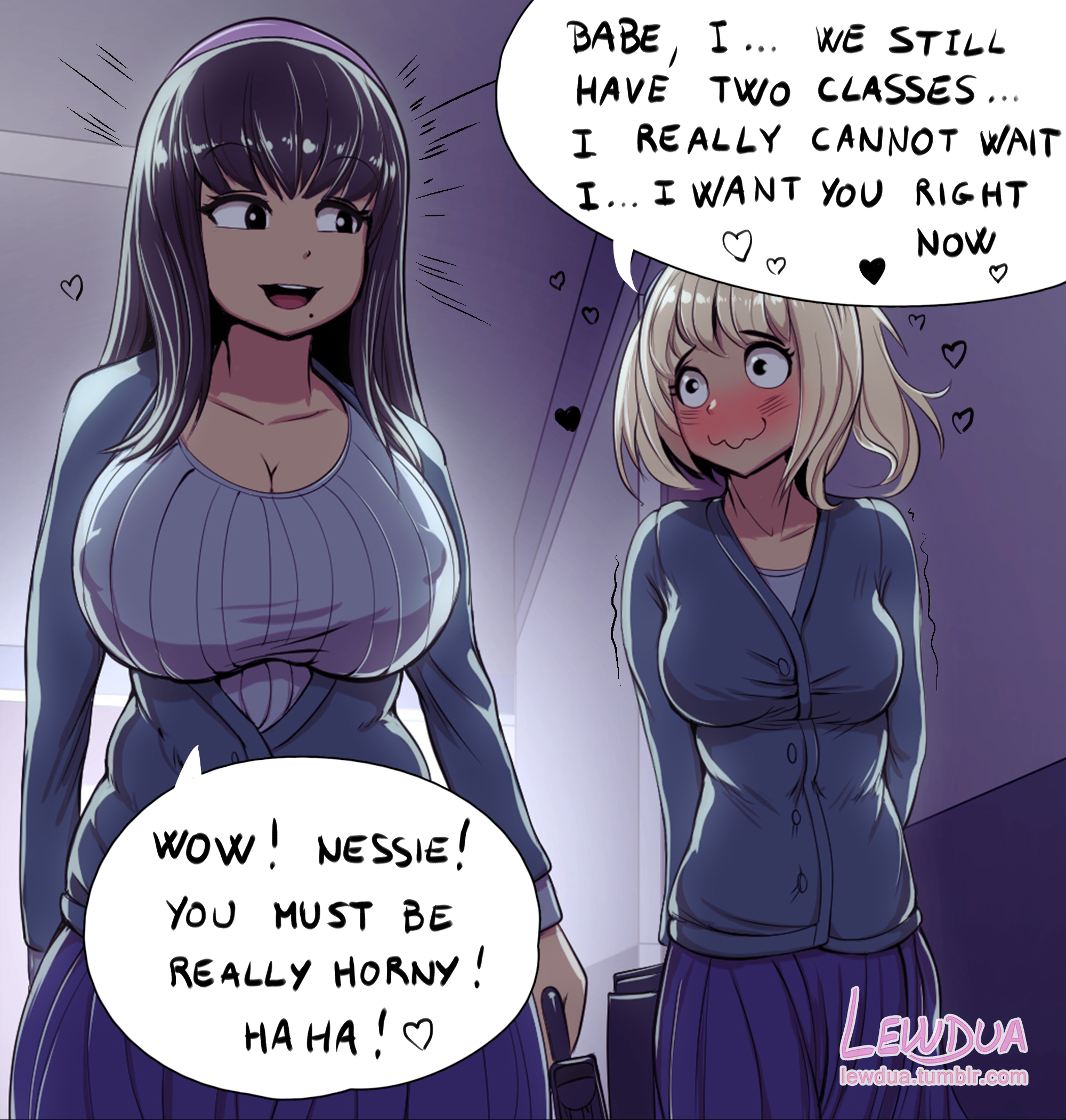 2futas, alison (lewdua), big breasts, blush, breasts, cleavage, clothing, comic, dickgirl, futa with futa, futanari, intersex, large breasts, lewdua, mole, mole under mouth, nessie (lewdua), original, original character, skirt, speech bubble, text