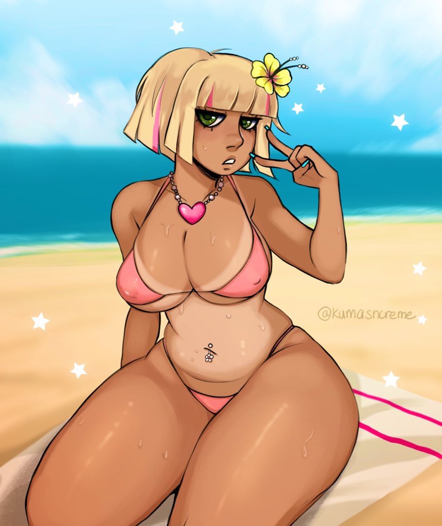 1girls artist_name beach beach_towel big_breasts bikini blonde_hair blue_eyes female kumasncreme necklace peace_sign piercing pink_hair sparkles sweat sweatdrop tanline tanned tanned_female thick_thighs two_tone_hair